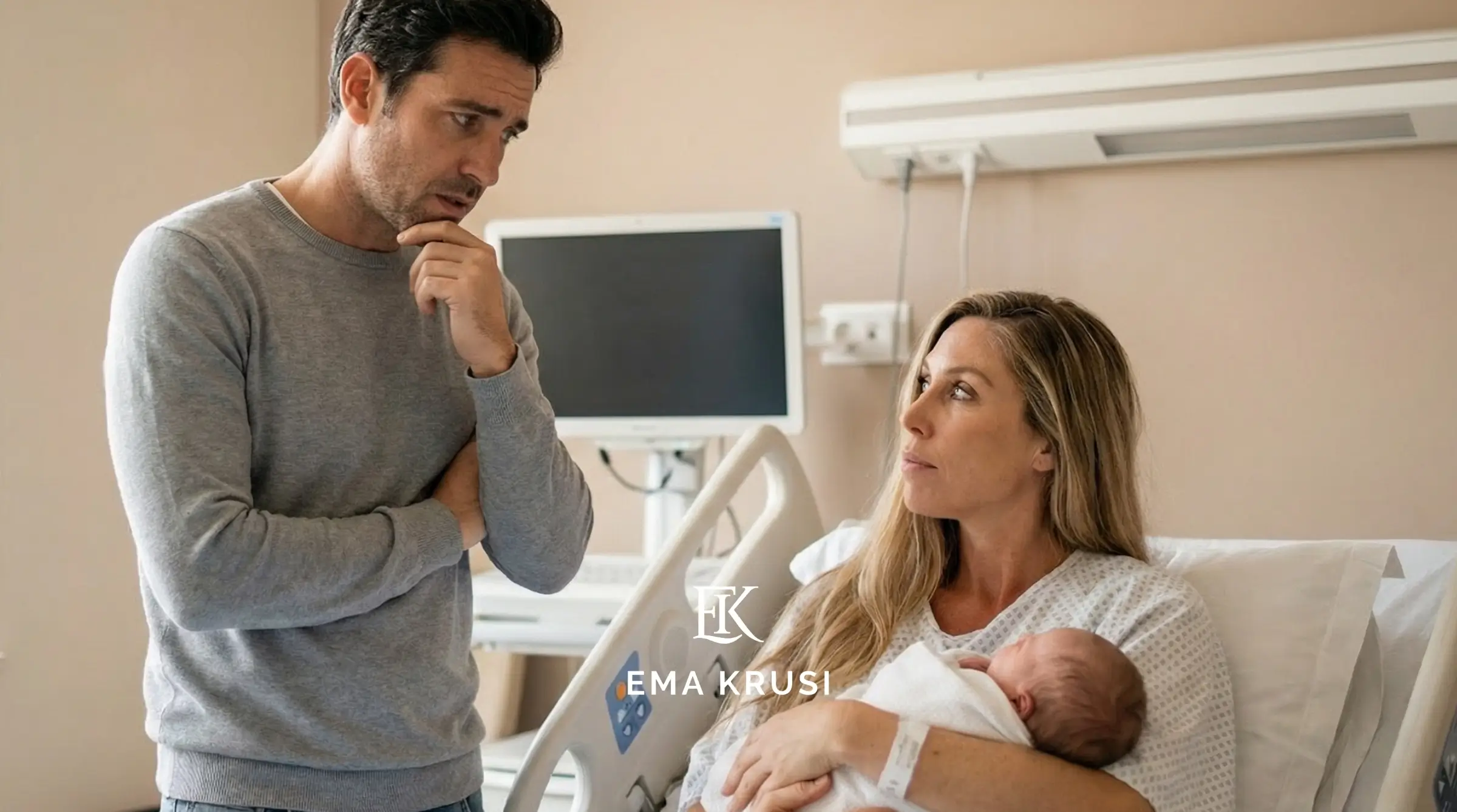 Jeune mère avec son nouveau-né à l’hôpital discutant avec le père après l’accouchement.