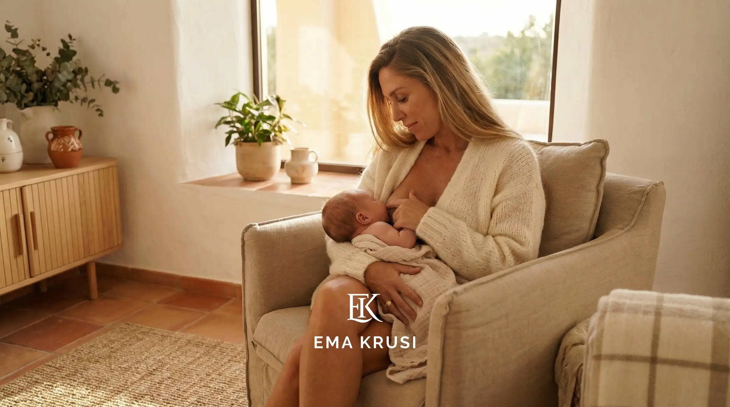 Maman allaitant son nouveau-né à la maison, moment de post-partum et allaitement maternel naturel.
