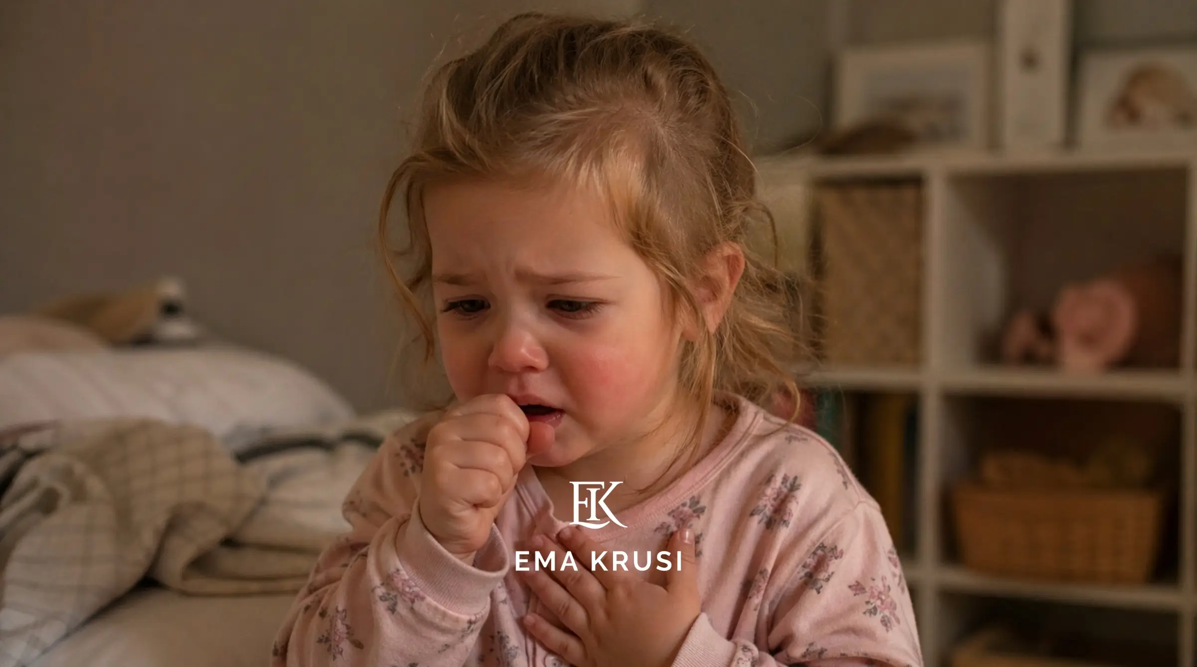 Petite fille malade qui tousse à la maison, symptômes de maladie infantile et infection respiratoire chez l’enfant.