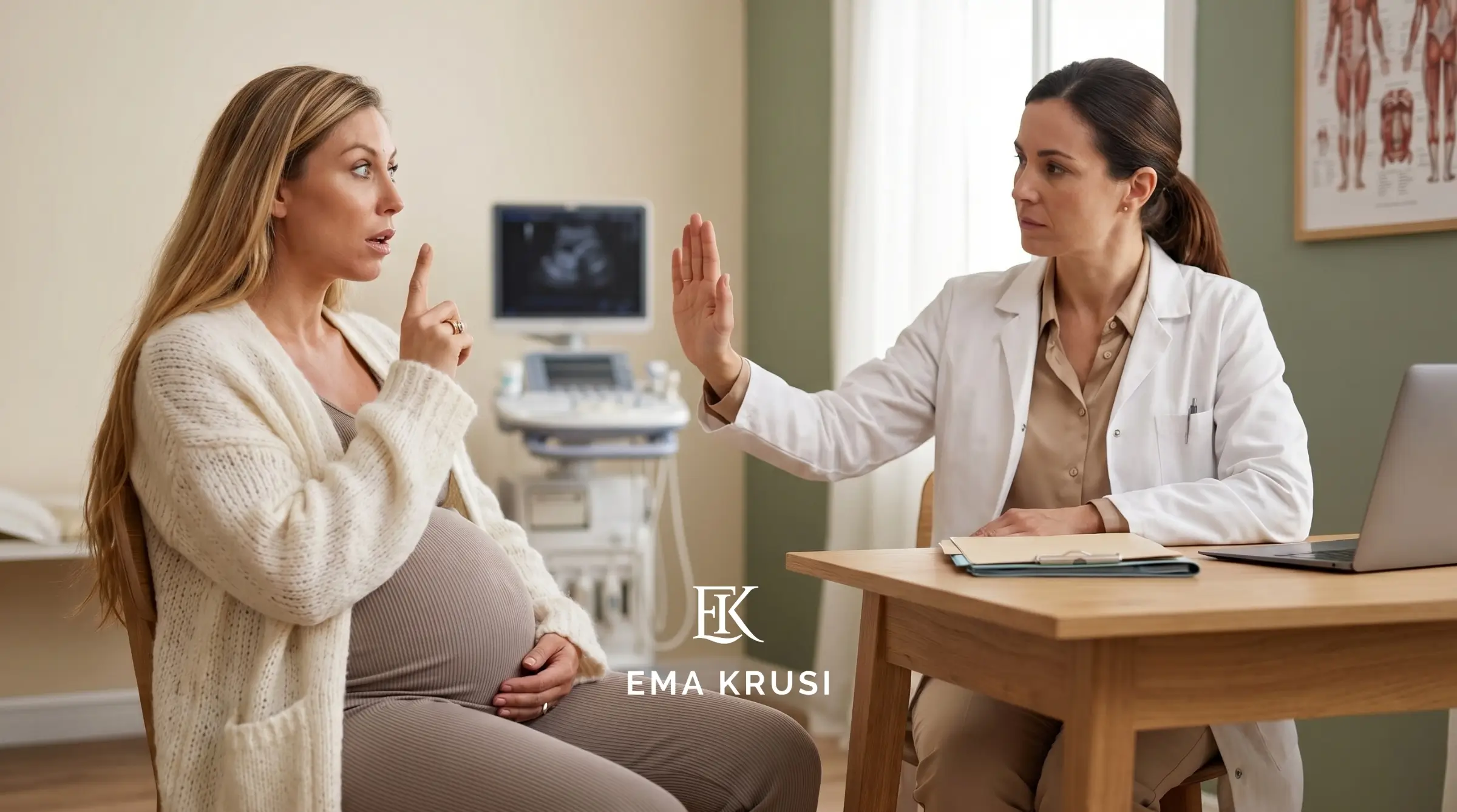 Femme enceinte face à un médecin qui fait un geste stop, question du consentement et autorité médicale pendant la grossesse.