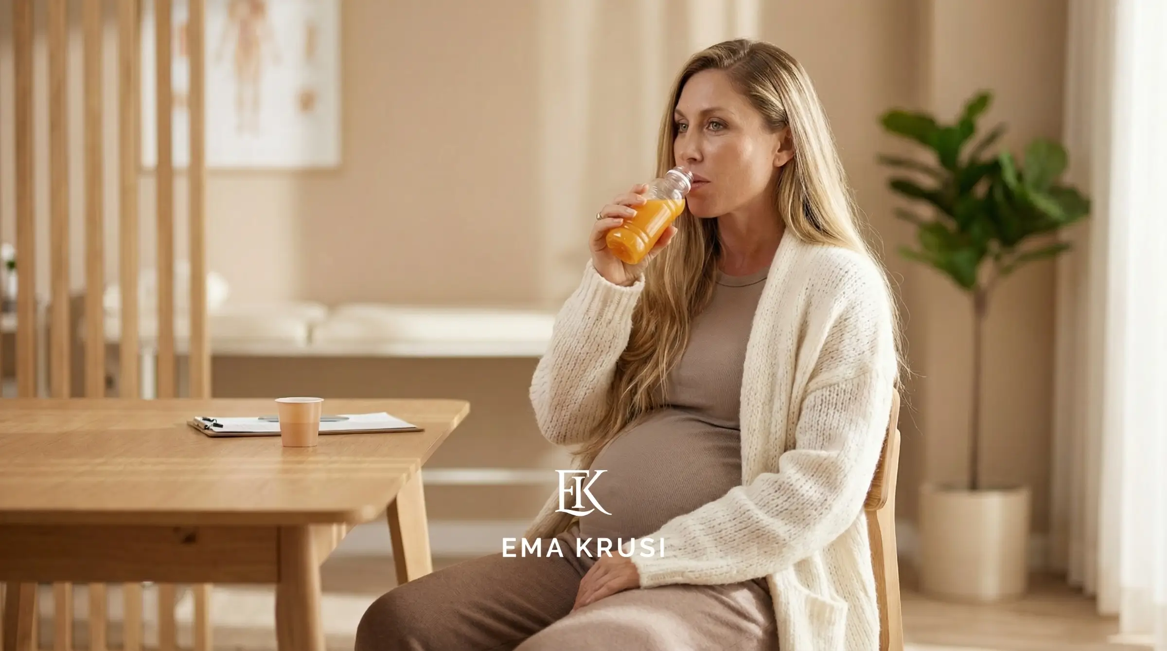 Femme enceinte réalisant un test de glycémie avec boisson sucrée pendant la grossesse.