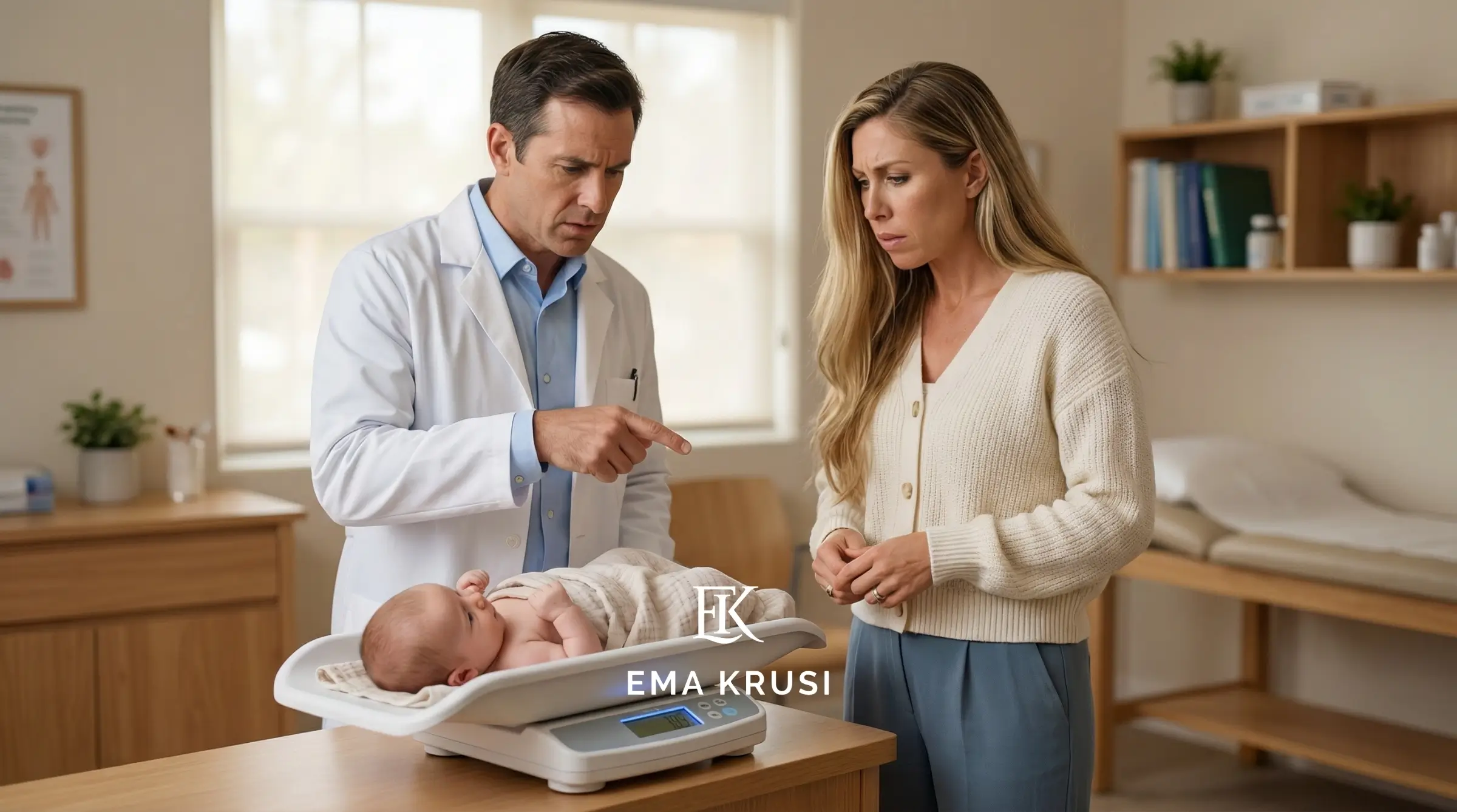 Médecin donnant des instructions devant un nourrisson sur une balance, mère inquiète face au suivi médical du bébé.