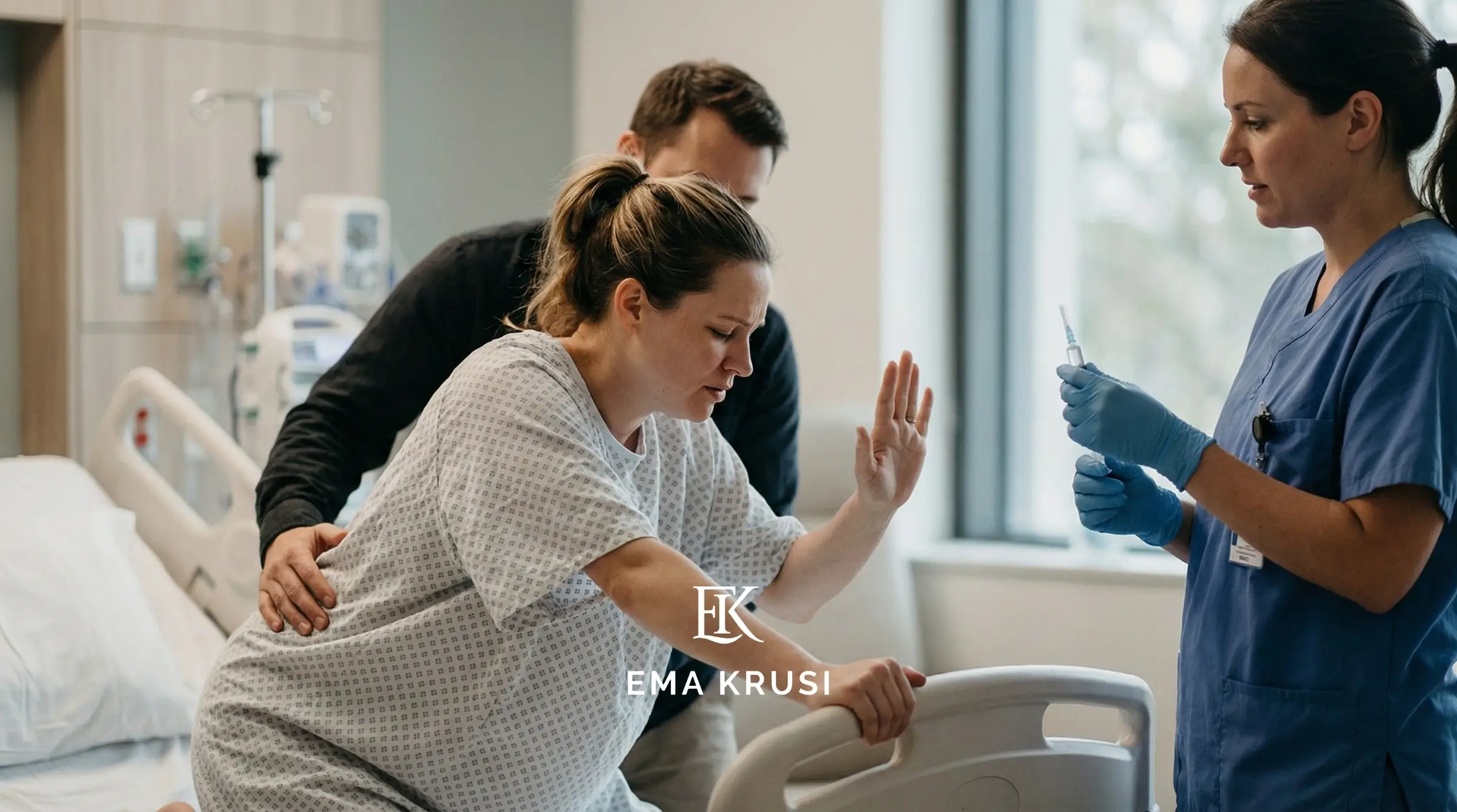 Femme en travail à l’hôpital, refusant une intervention médicale pendant l’accouchement.