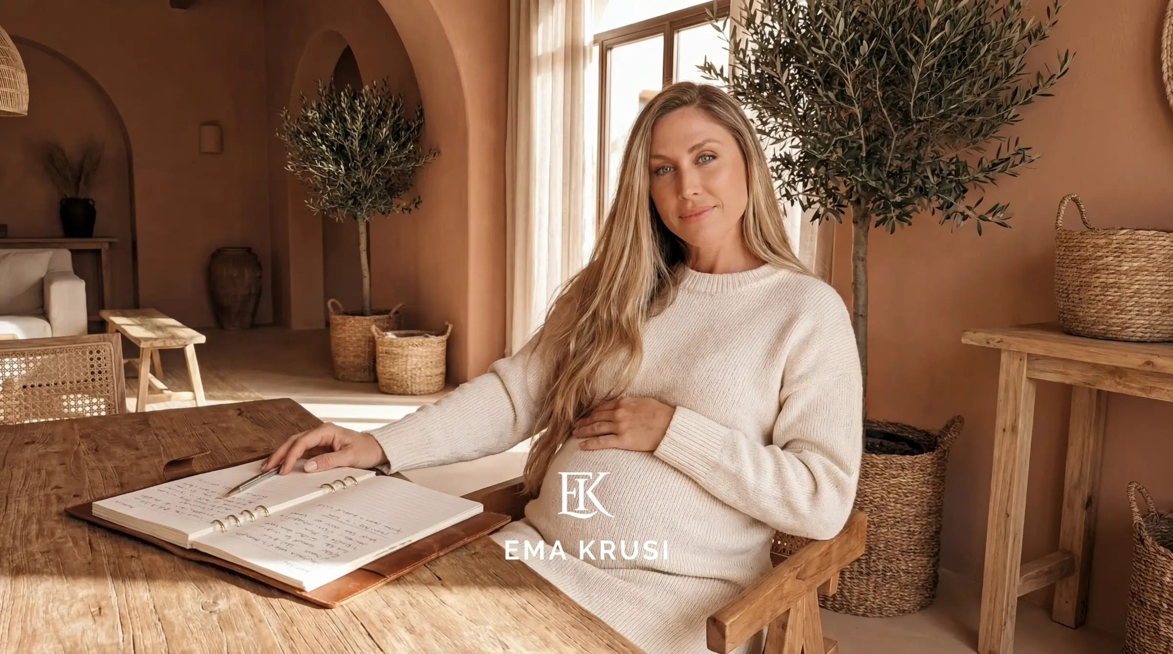 Femme enceinte écrivant dans son carnet pour préparer son accouchement naturel et son projet de naissance.