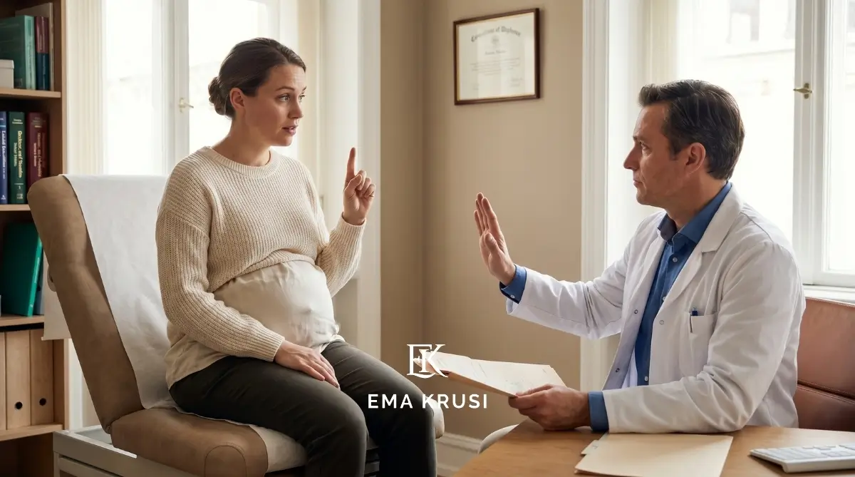 Femme enceinte face à un médecin, posant une limite pendant une consultation de grossesse.