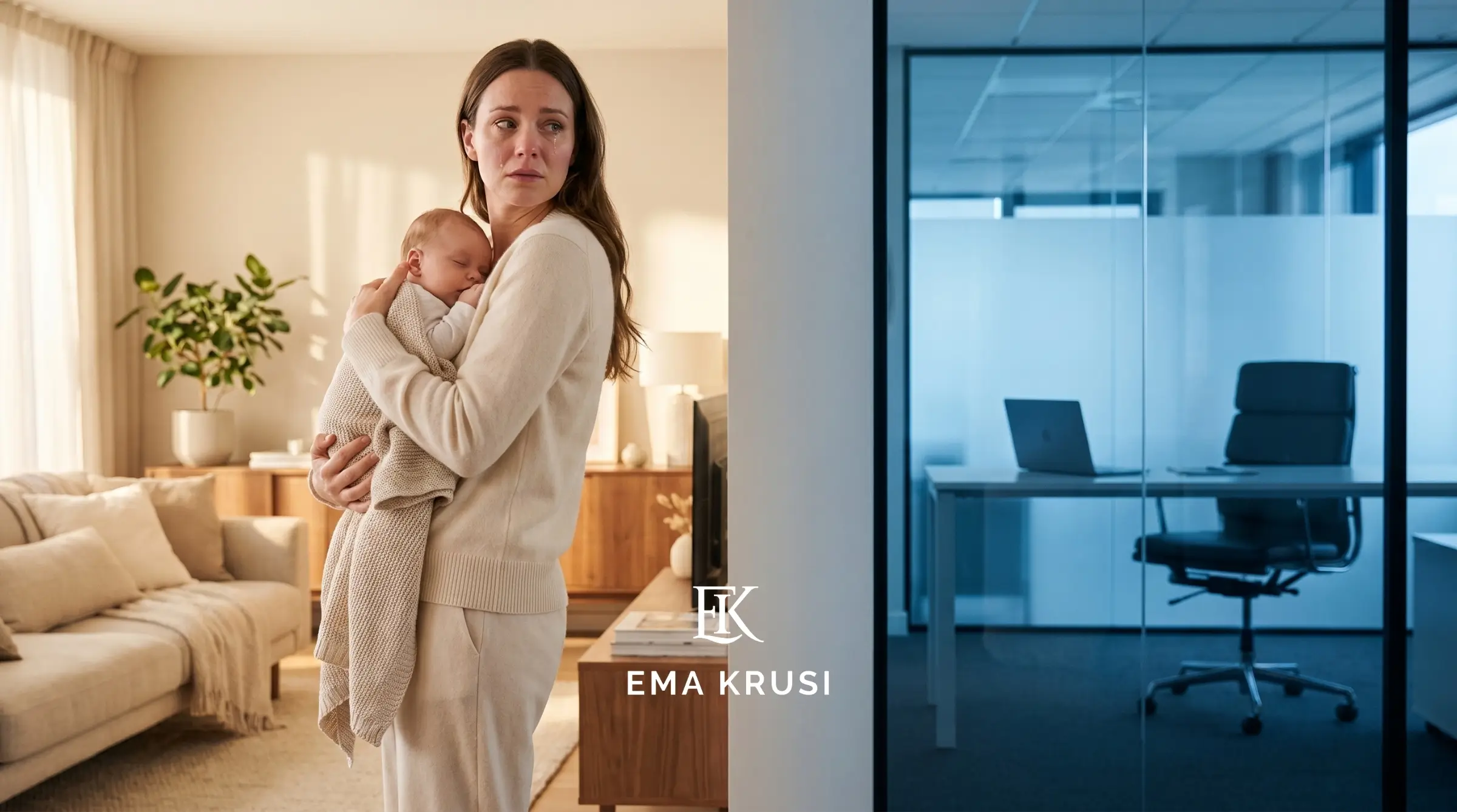 Mère épuisée tenant son nouveau-né face au vide laissé par la reprise du travail et le manque de soutien en post-partum.