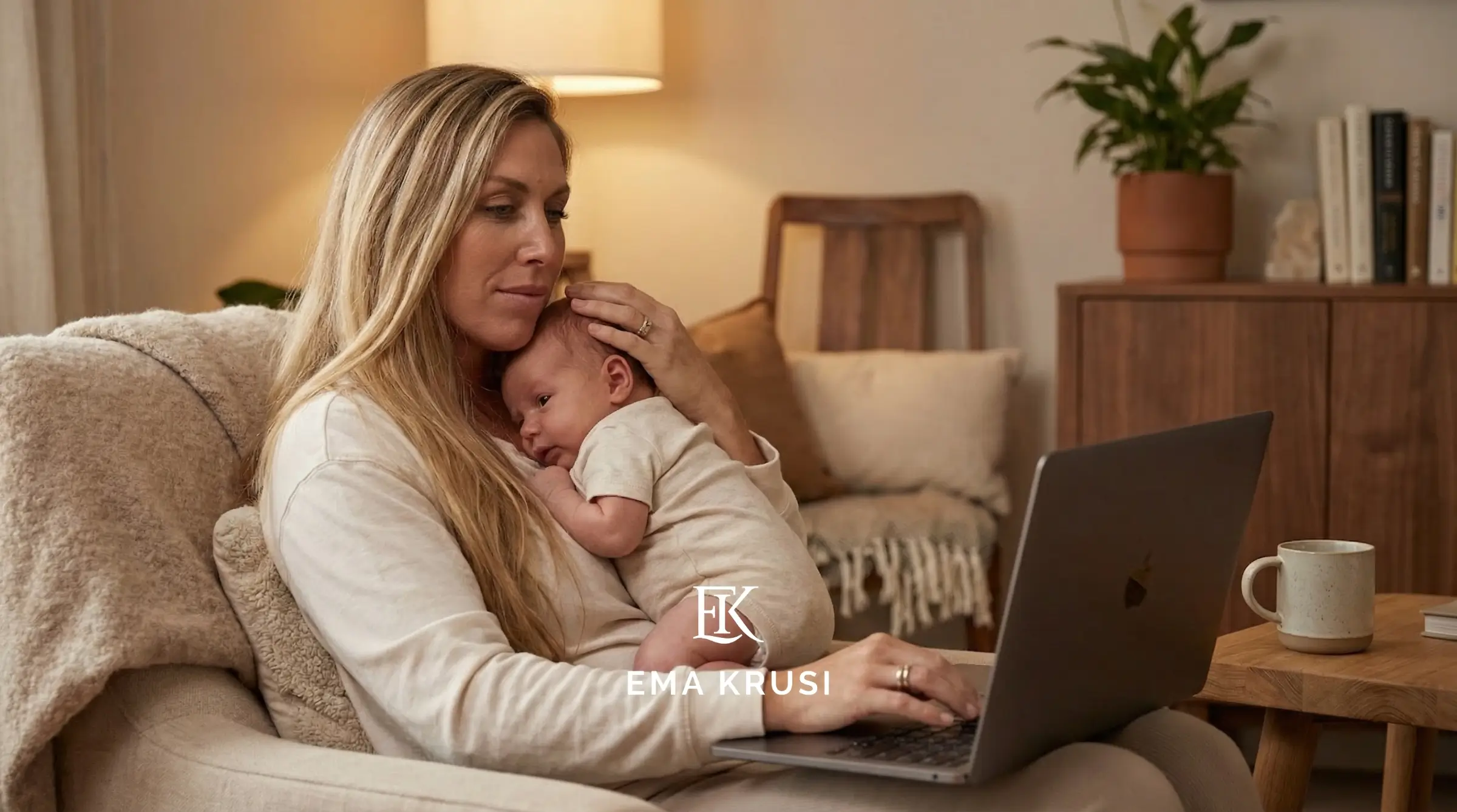 Maman travaillant sur son ordinateur avec son bébé dans les bras, entre allaitement, fatigue et organisation du post-partum à la maison.