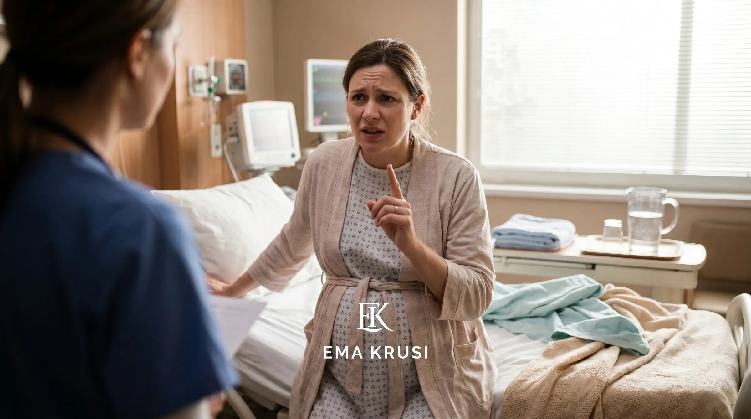 Femme en travail à l’hôpital posant une limite claire au personnel médical pendant son accouchement.