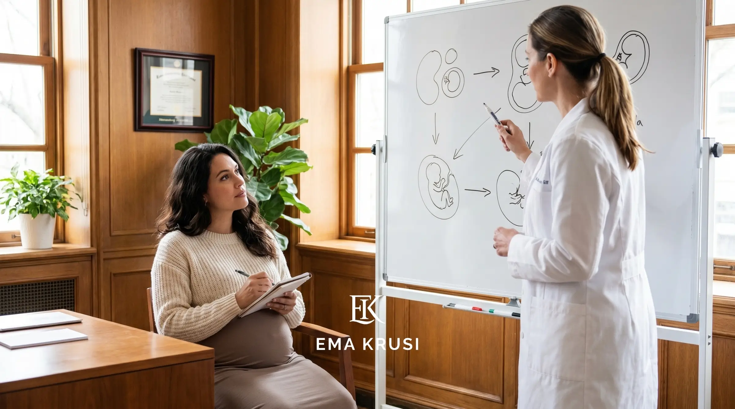 Femme enceinte prenant des notes pendant qu’un médecin explique la grossesse et le développement du bébé sur un tableau médical.