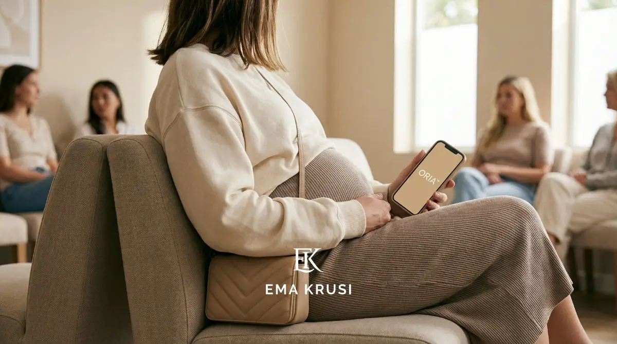 Femme enceinte en cercle de parole utilisant ORIA™ comme soutien pendant sa grossesse et sa préparation à la naissance.