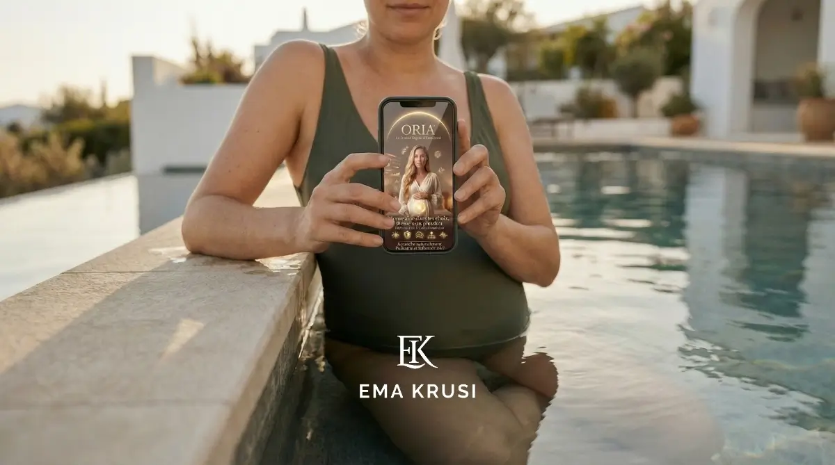 Femme enceinte dans une piscine tenant l’application ORIA™ pour accompagner sa préparation à l’accouchement naturel.