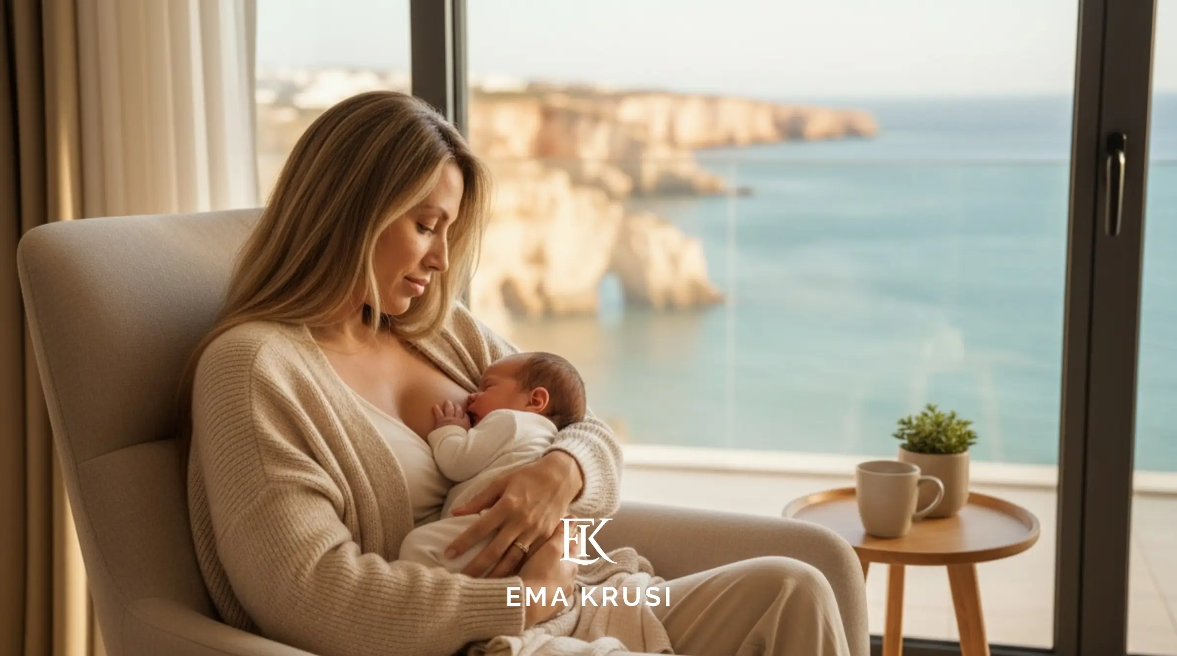 Femme en post-partum allaitant son bébé face à l’océan en Algarve après un accouchement naturel serein.