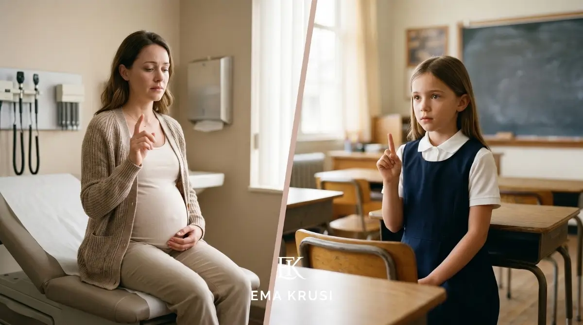 Illustration du lien entre la bonne élève à l’école et la bonne patiente à l’hôpital, montrant comment les réflexes appris dans l’enfance influencent les décisions à l’accouchement. Illustration du lien entre la bonne élève à l’école et la bonne patiente à l’hôpital, montrant comment les réflexes appris dans l’enfance influencent les décisions à l’accouchement.