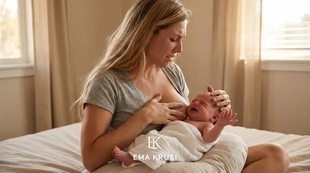 Mère confrontée aux défis de l’allaitement et aux émotions intenses du post-partum, cherchant à apaiser son bébé en pleurs. Mère confrontée aux défis de l’allaitement et aux émotions intenses du post-partum, cherchant à apaiser son bébé en pleurs.