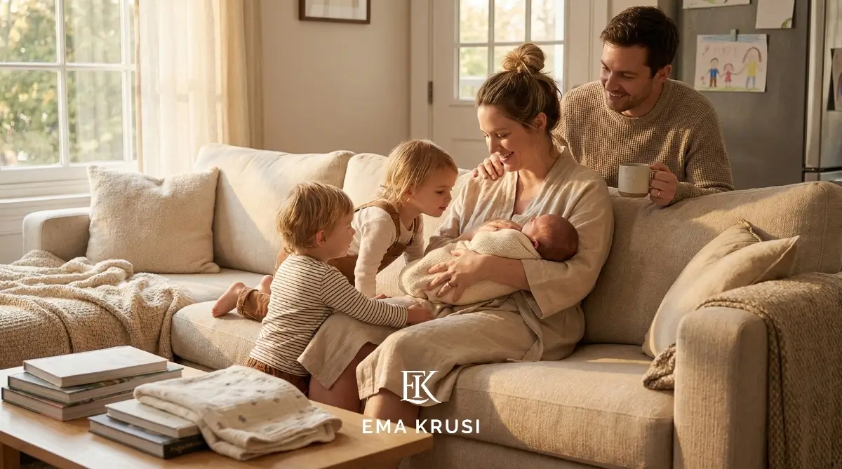 Famille réunie autour d’un nouveau-né à la maison, illustrant le soutien du partenaire et de la fratrie pendant les premiers jours après la naissance. Famille réunie autour d’un nouveau-né à la maison, illustrant le soutien du partenaire et de la fratrie pendant les premiers jours après la naissance.