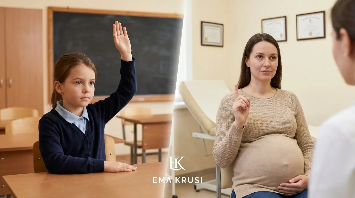 Comparaison entre une écolière levant la main et une femme enceinte en consultation prénatale, illustrant le passage de la demande de permission à l’autonomie dans les choix de naissance. Comparaison entre une écolière levant la main et une femme enceinte en consultation prénatale, illustrant le passage de la demande de permission à l’autonomie dans les choix de naissance.