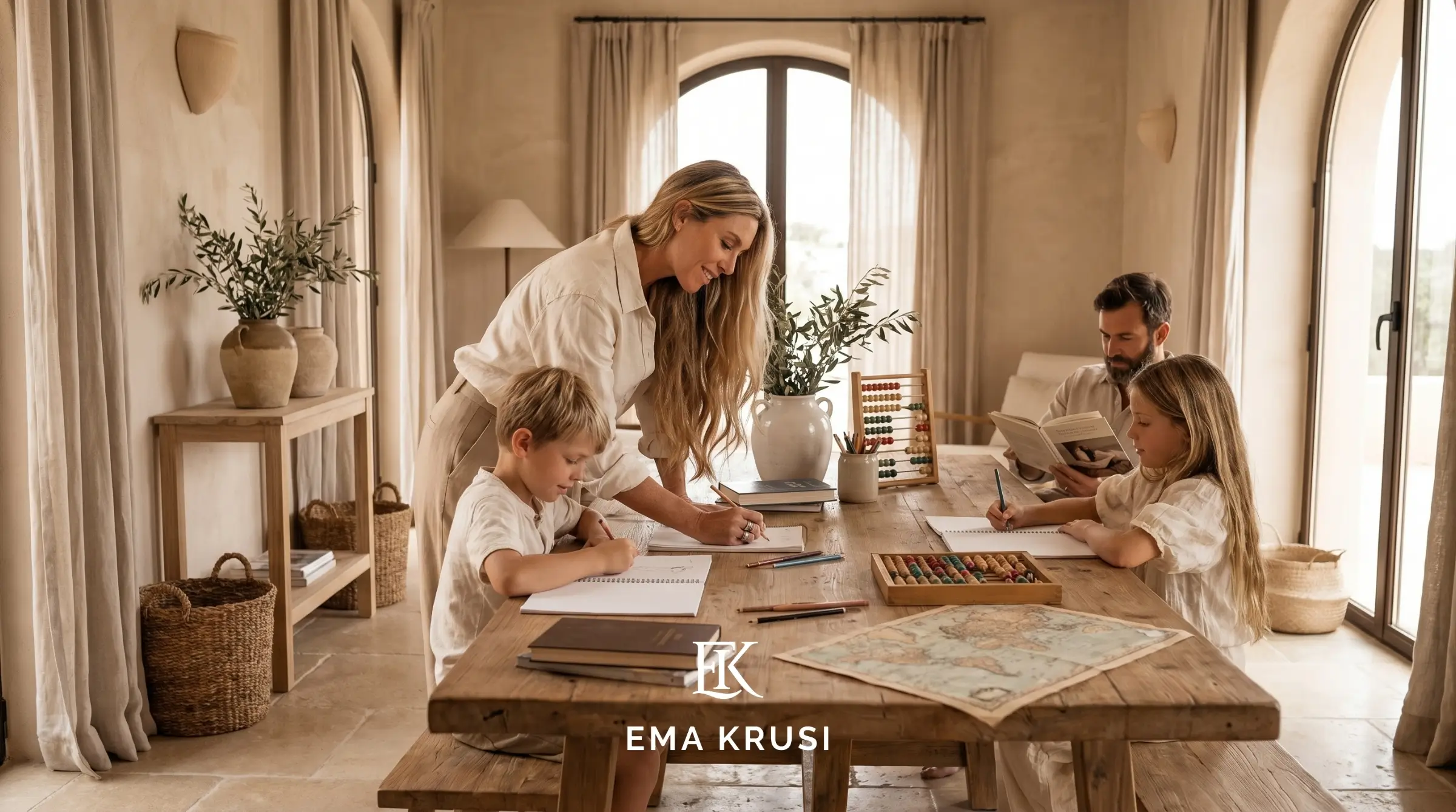 Famille pratiquant l’instruction en famille autour d’une grande table, illustrant l’apprentissage à la maison, l’autonomie et l’implication des parents dans l’éducation. Famille pratiquant l’instruction en famille autour d’une grande table, illustrant l’apprentissage à la maison, l’autonomie et l’implication des parents dans l’éducation.