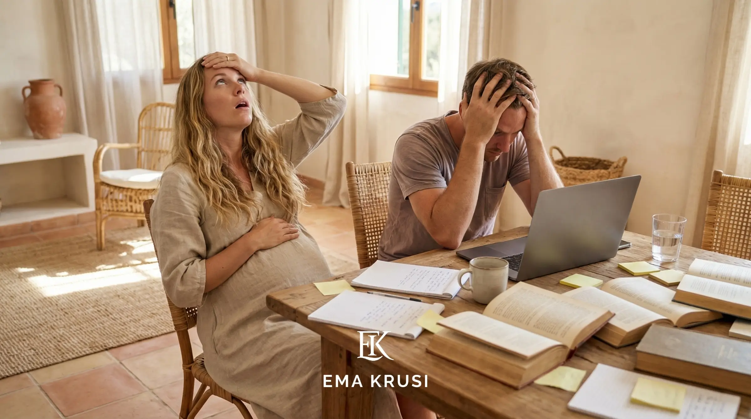 Couple attendant un bébé assis à une table couverte de livres et de notes, visiblement dépassé par la quantité d’informations, illustrant la surcharge mentale, les doutes et la confusion fréquents pendant la grossesse.