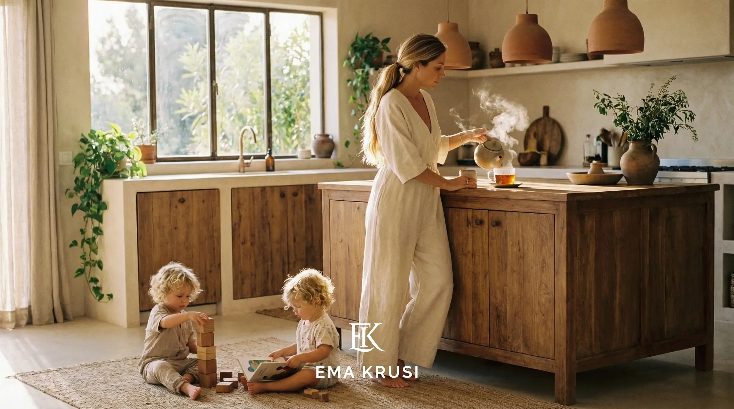 Mère dans une cuisine familiale préparant une boisson chaude tandis que deux jeunes enfants jouent au sol, illustrant l’équilibre entre maternité, charge mentale, quotidien familial et moments de calme à la maison.