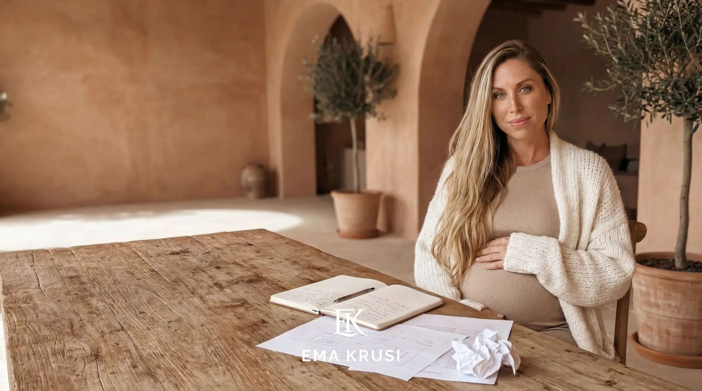 Femme enceinte assise face à un professionnel de santé avec une image d’écolière levant la main en parallèle, illustrant le conditionnement à obéir à l’autorité médicale et la difficulté à poser ses questions pendant la grossesse.