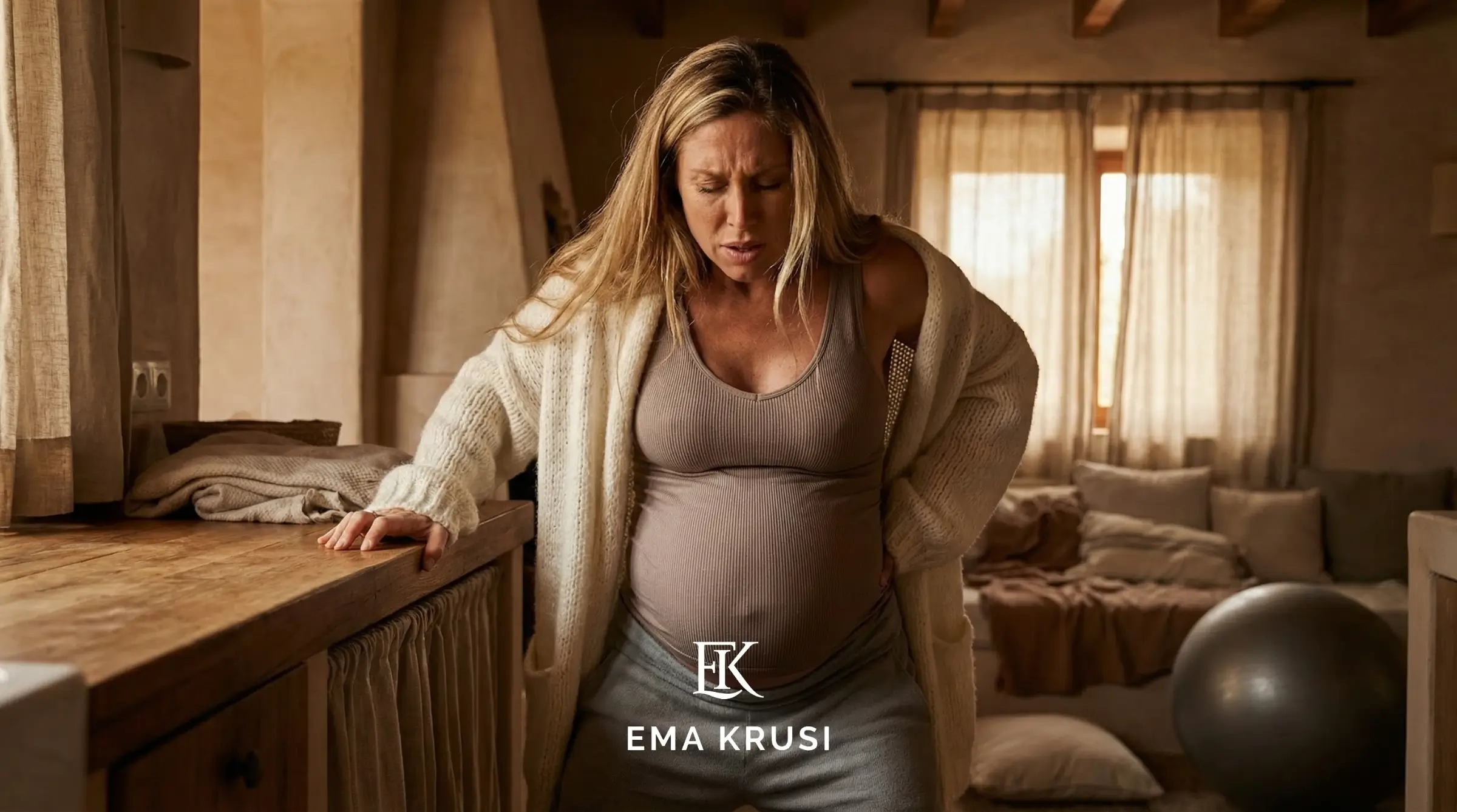 Femme enceinte ressentant des contractions à domicile, appuyée sur un plan de travail dans une ambiance intime, illustrant le début du travail, la préparation à la naissance et la confiance dans le processus physiologique.