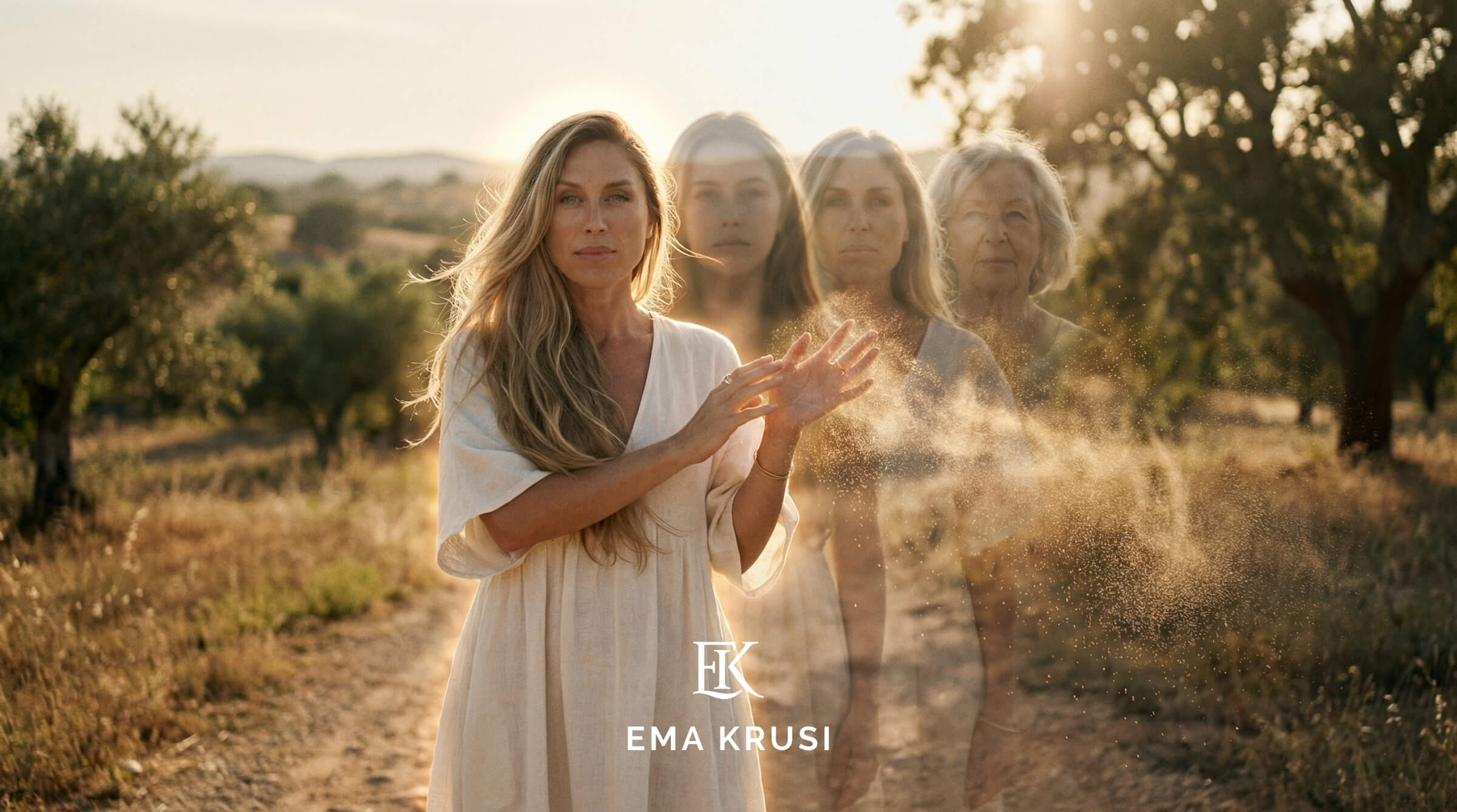 Femme dans un paysage naturel entourée des silhouettes symboliques de différentes générations de femmes, illustrant les mémoires familiales, les transmissions transgénérationnelles et l’héritage féminin autour de la maternité.