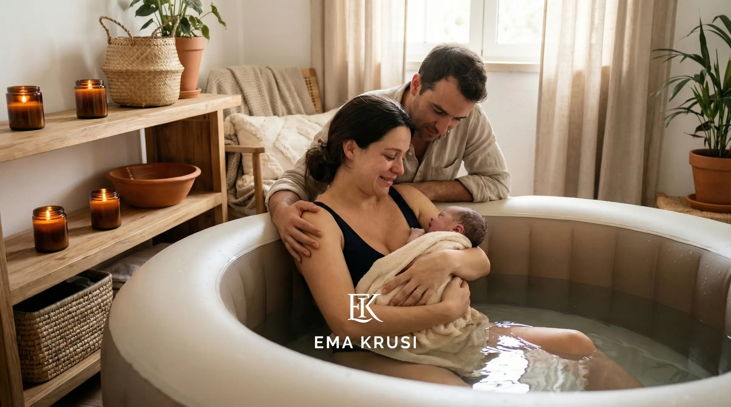 Maman tenant son nouveau-né dans une piscine de naissance à domicile, accompagnée de son partenaire, illustrant une naissance physiologique, un accouchement dans l’eau et les premiers instants de rencontre avec le bébé.