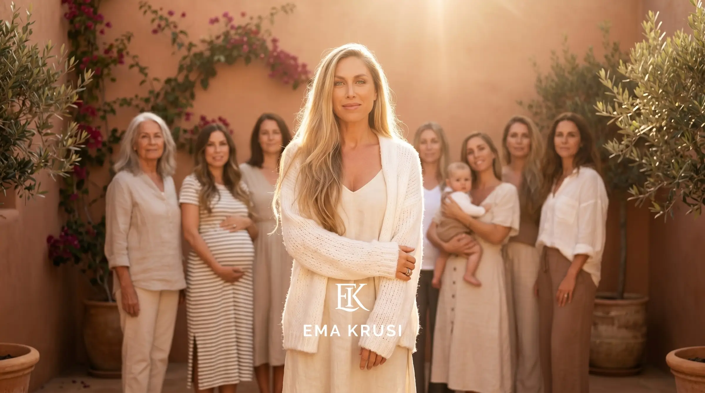 Ema Krusi entourée de femmes enceintes, mères et participantes, représentant la force du collectif, le soutien entre femmes, le partage d’expériences et l’accompagnement autour de la naissance naturelle.