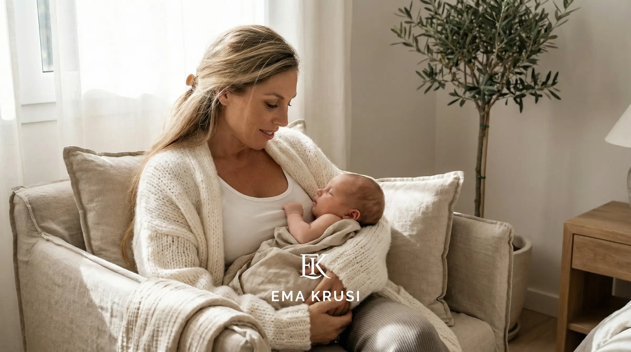 Jeune maman tenant son nouveau-né endormi dans un fauteuil confortable, illustrant l’attachement, l’allaitement, le post-partum et les premiers instants de connexion avec son bébé.