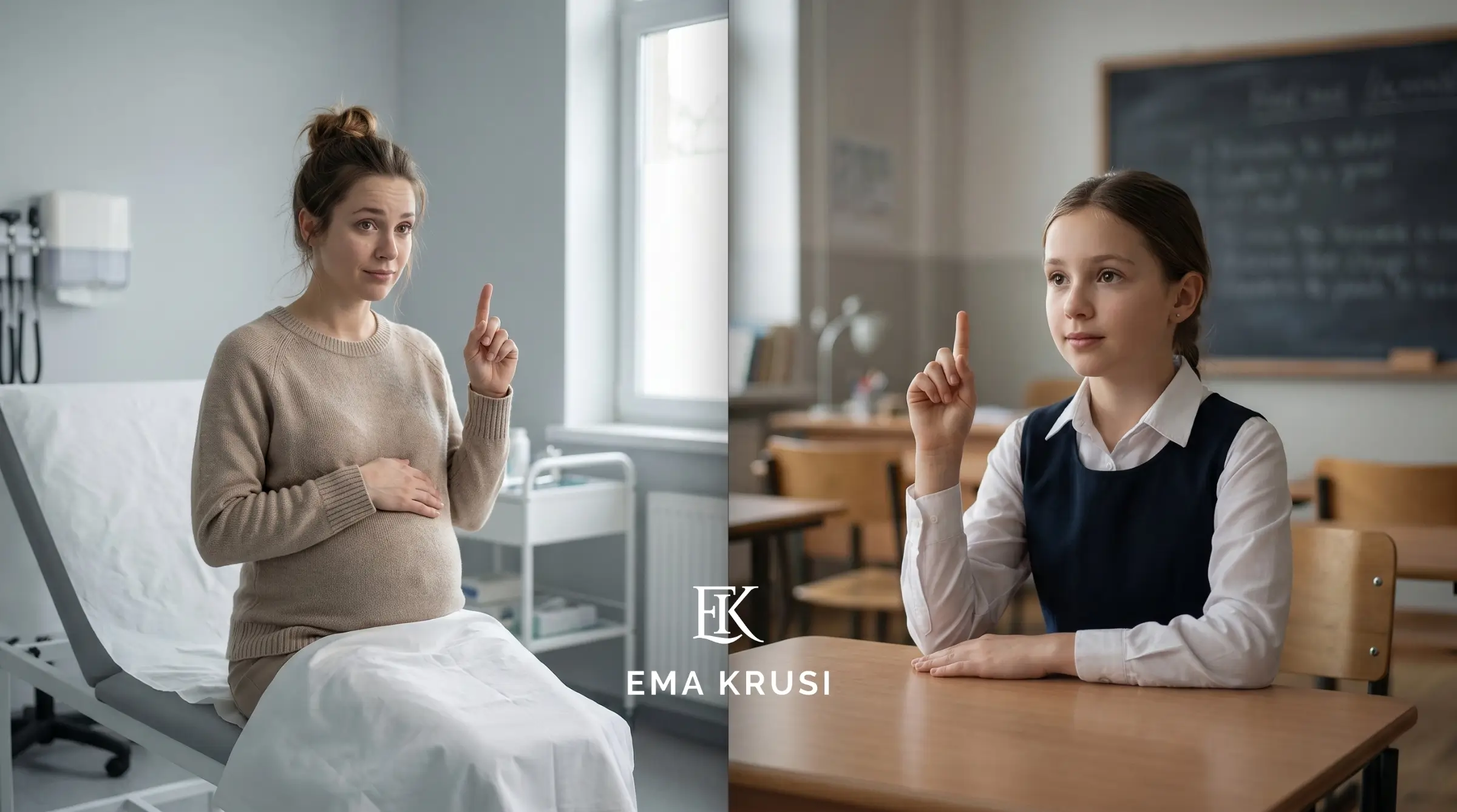 Montage illustrant une écolière levant le doigt en classe et une femme enceinte faisant le même geste en consultation, symbolisant le conditionnement à demander la permission et à obéir à l’autorité.