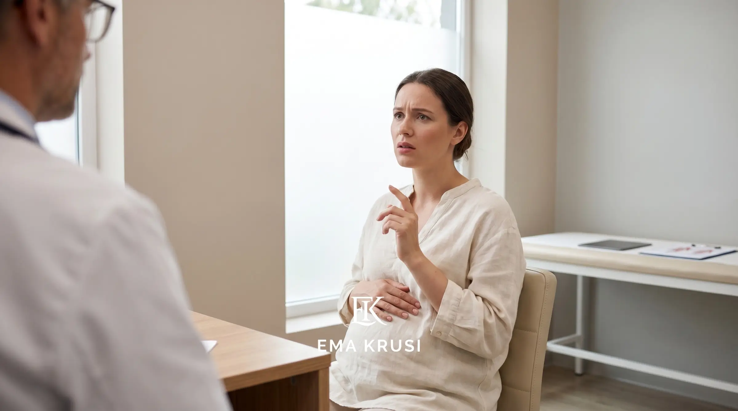 Future maman échangeant avec un médecin en consultation, levant un doigt pour poser une question ou exprimer son choix, illustrant l’importance du consentement éclairé et de la souveraineté pendant la grossesse.