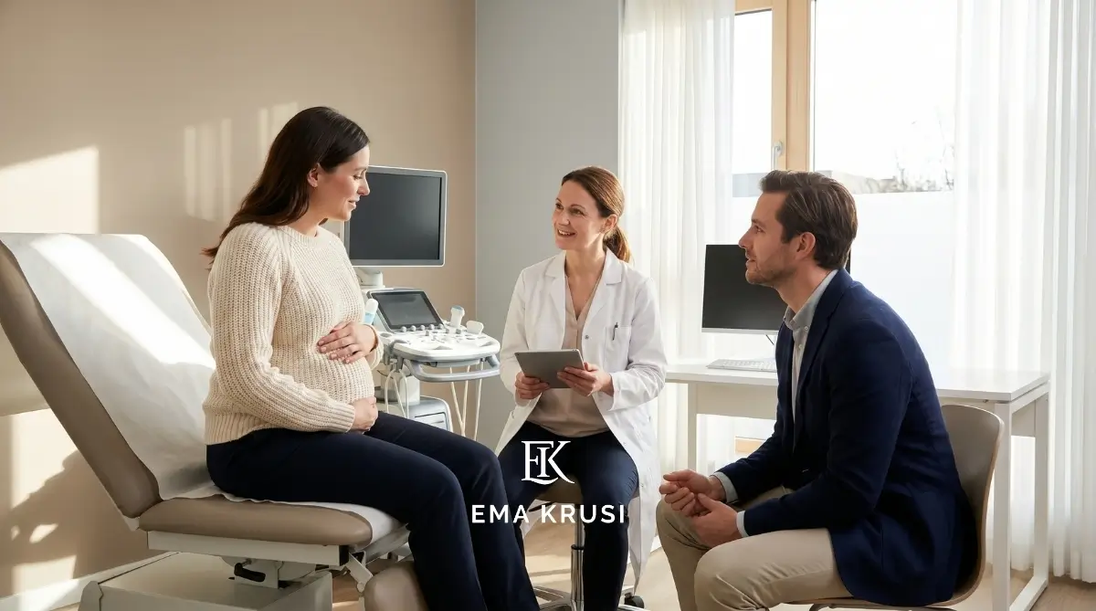 Couple échangeant avec une professionnelle de santé lors d'un suivi de grossesse, illustrant la prise de décision éclairée, le dialogue et la place du partenaire dans le projet de naissance.