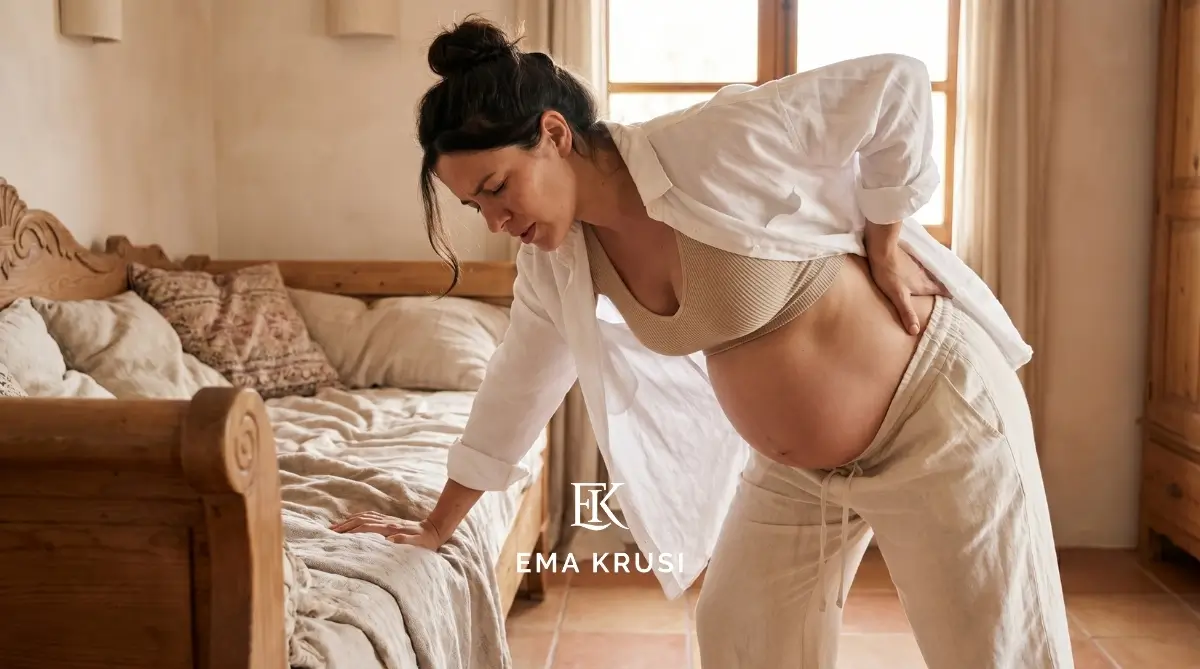 Femme enceinte vivant les premières contractions dans un environnement calme, s'appuyant sur le mobilier pour accompagner le travail physiologique avant le départ vers la maternité ou un accouchement à domicile.