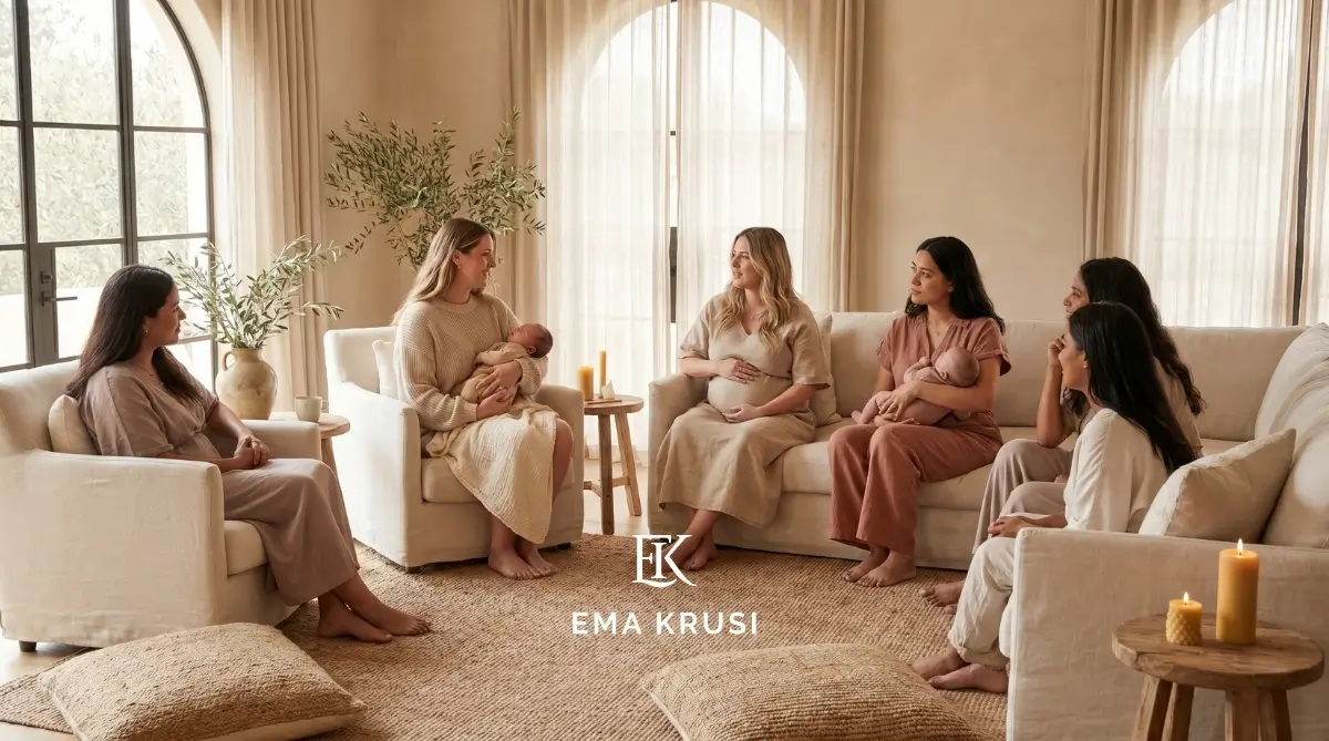Groupe de femmes enceintes et jeunes mamans réunies dans un salon chaleureux pour échanger autour de la grossesse, de la naissance et du post-partum, certaines tenant leur bébé dans les bras.