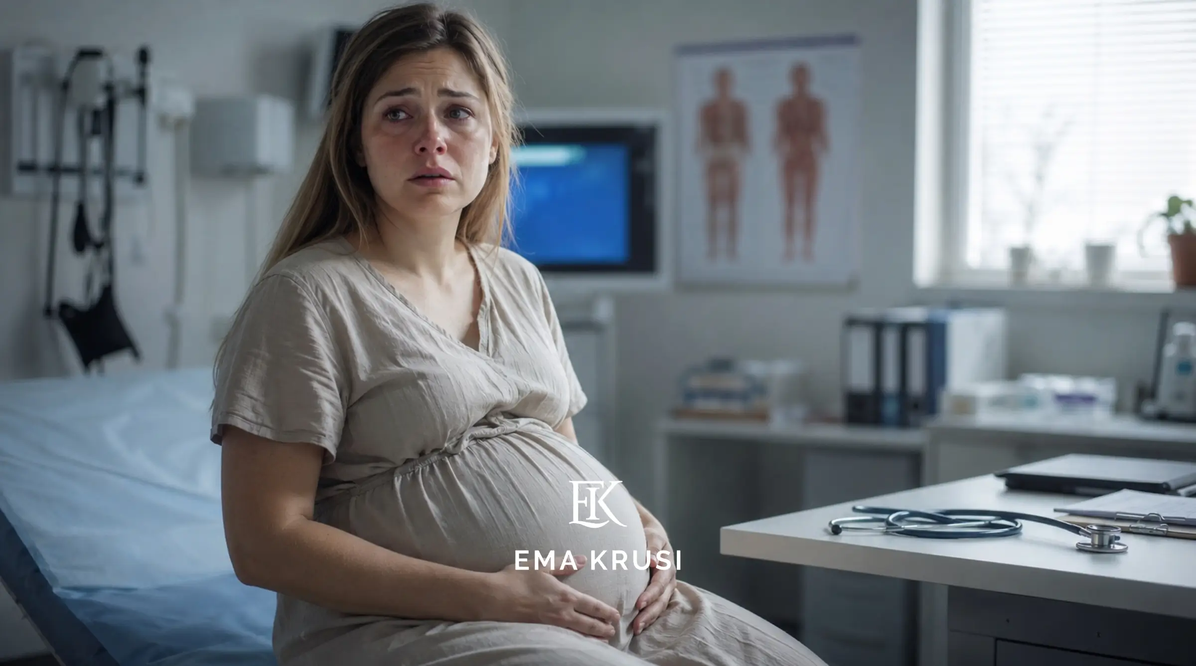Femme enceinte assise dans une salle d'examen, le regard inquiet, illustrant le doute, la peur ou l'attente d'une annonce médicale pendant la grossesse.