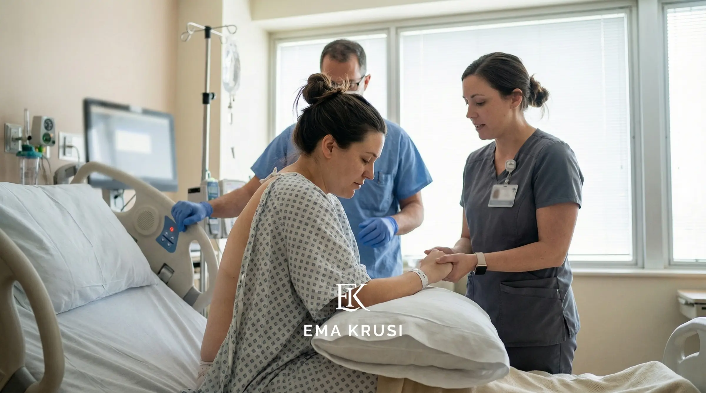 Femme en travail soutenue par une soignante et un professionnel de santé en salle de naissance, illustrant l'accompagnement médical et humain pendant l'accouchement.