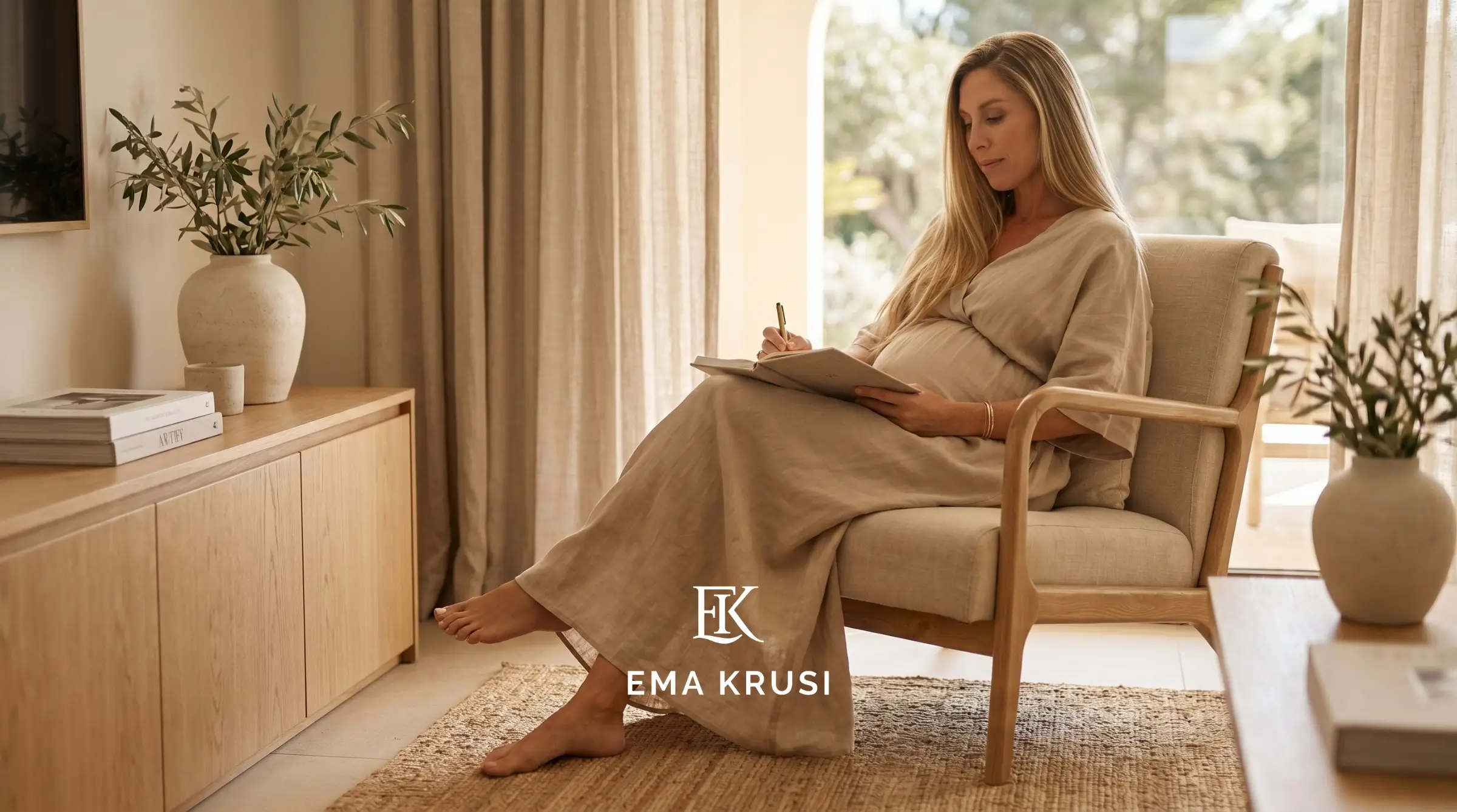 Femme enceinte assise dans un fauteuil, écrivant dans un carnet dans une ambiance calme et lumineuse, illustrant la réflexion, la préparation mentale et la rédaction de son projet de naissance.