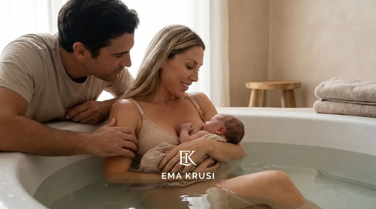 Parents découvrant leur bébé juste après une naissance dans l'eau, illustrant le peau-à-peau immédiat, le lien d'attachement et un accueil doux du nouveau-né.