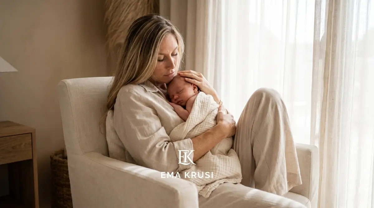 Mère installée dans un fauteuil tenant son nouveau-né endormi contre elle, illustrant le peau-à-peau, le post-partum physiologique, l'attachement et les premiers jours avec bébé.