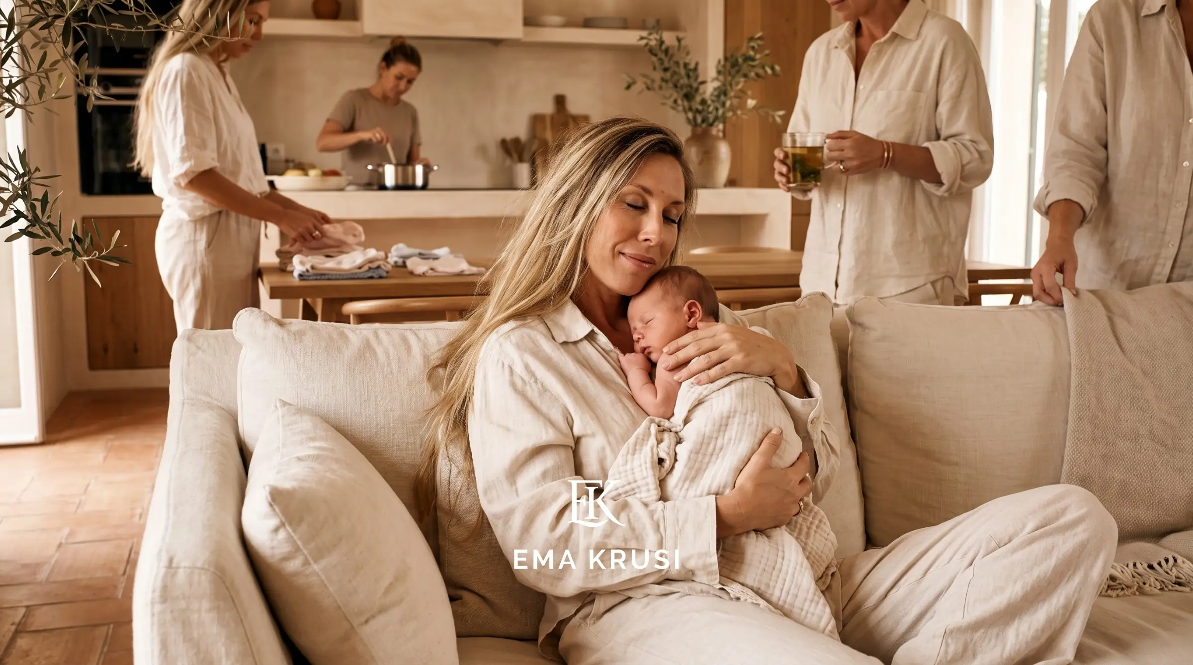 Jeune mère avec son nouveau-né entourée de proches qui l’aident dans son quotidien, illustrant un post-partum soutenu, apaisé et respectueux des besoins de la mère. Jeune mère avec son nouveau-né entourée de proches qui l’aident dans son quotidien, illustrant un post-partum soutenu, apaisé et respectueux des besoins de la mère.