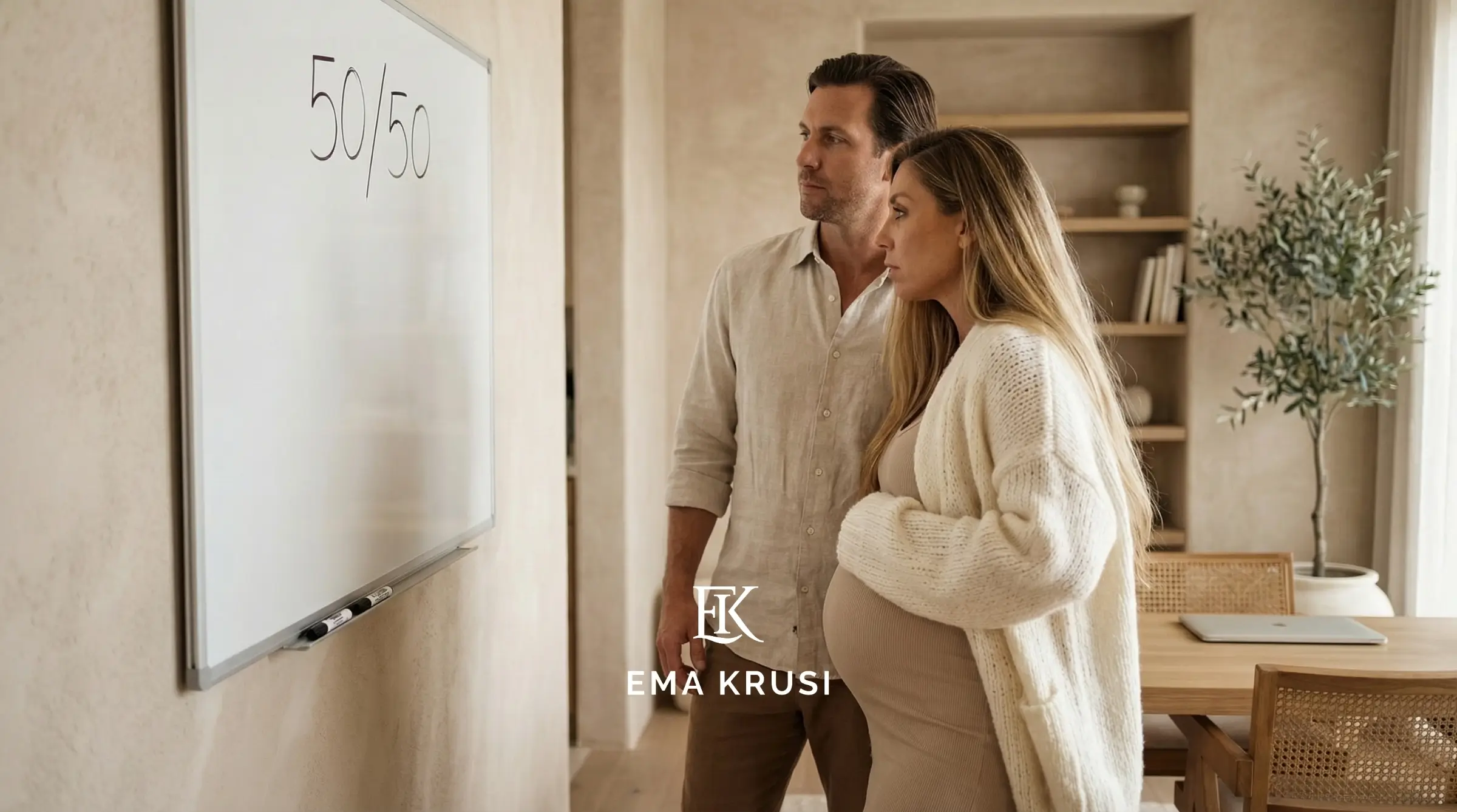 Un couple regarde un tableau blanc où est écrit 50/50, la femme enceinte tient son ventre