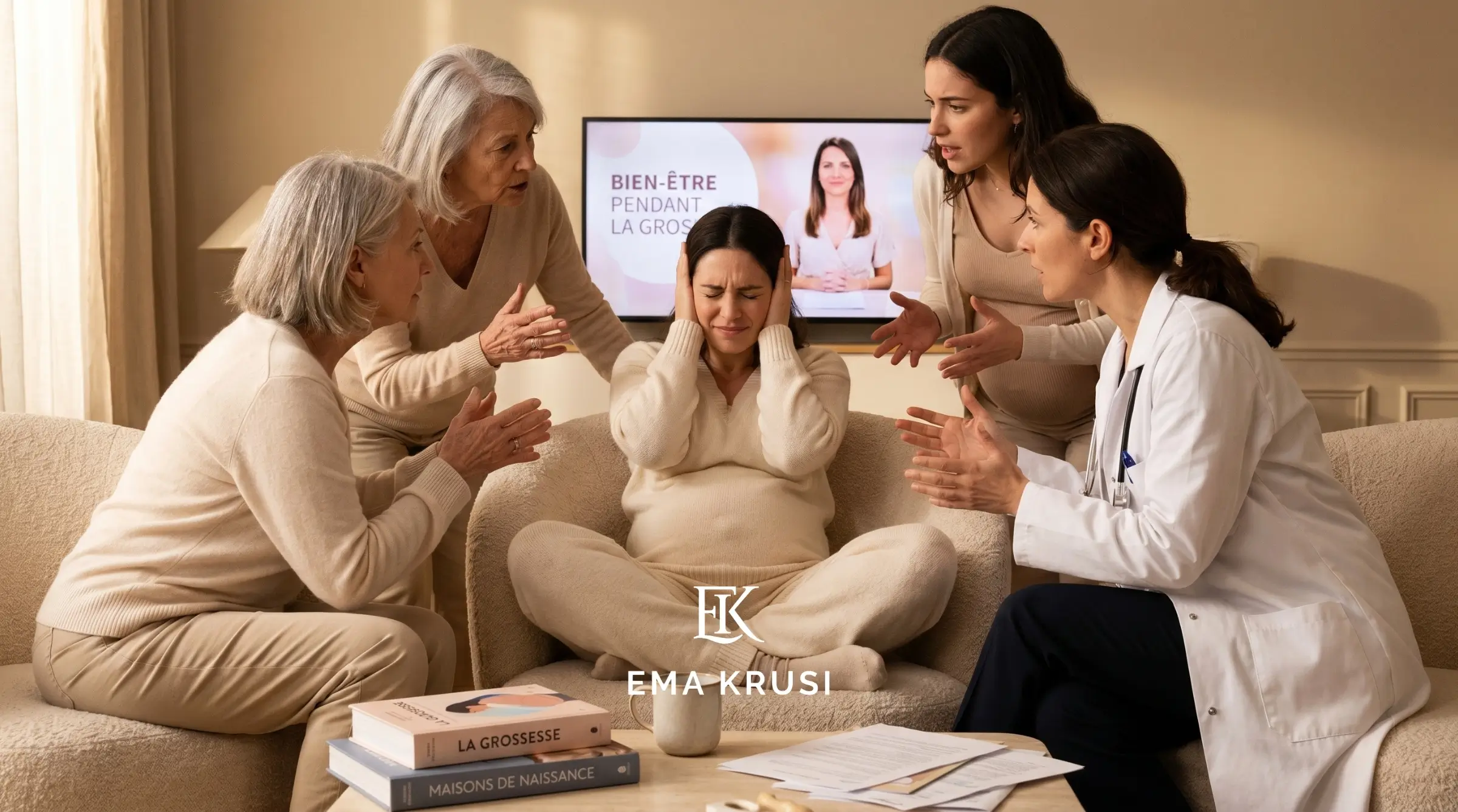 Une femme enceinte assise, les mains sur les oreilles, entourée de plusieurs personnes qui lui parlent en même temps et lui donnent des conseils.