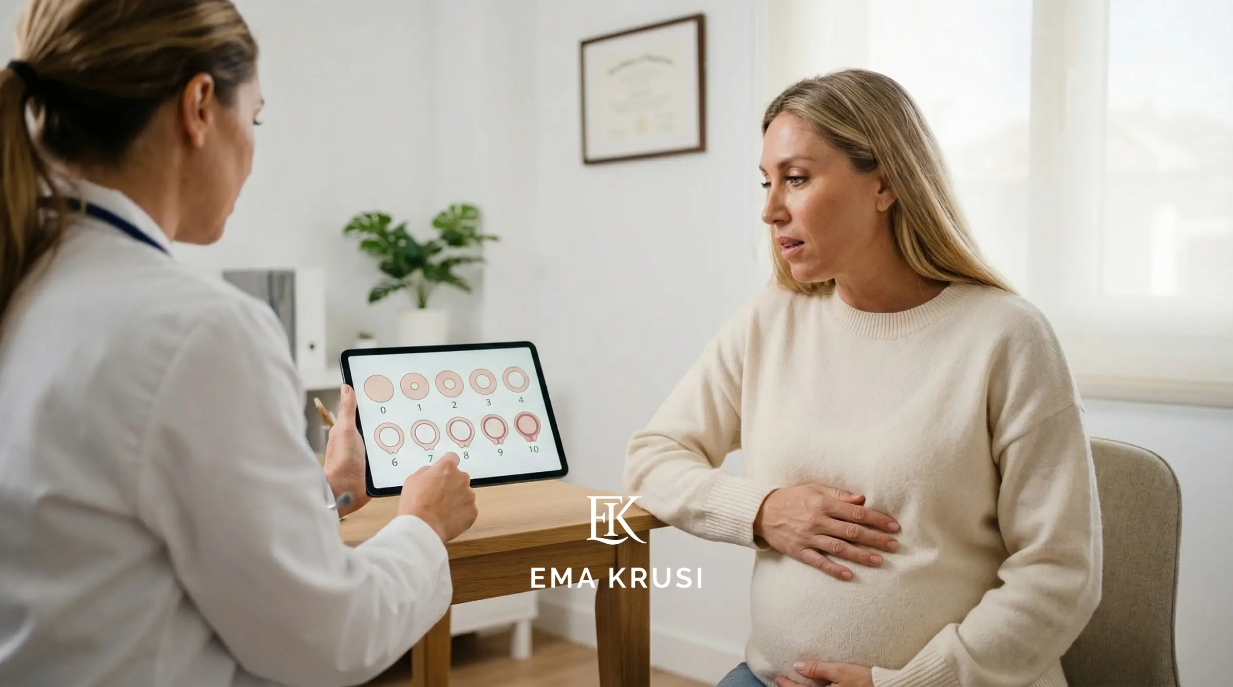 Une femme enceinte et son conjoint en consultation, attentifs, en train de poser des questions à un professionnel de santé.