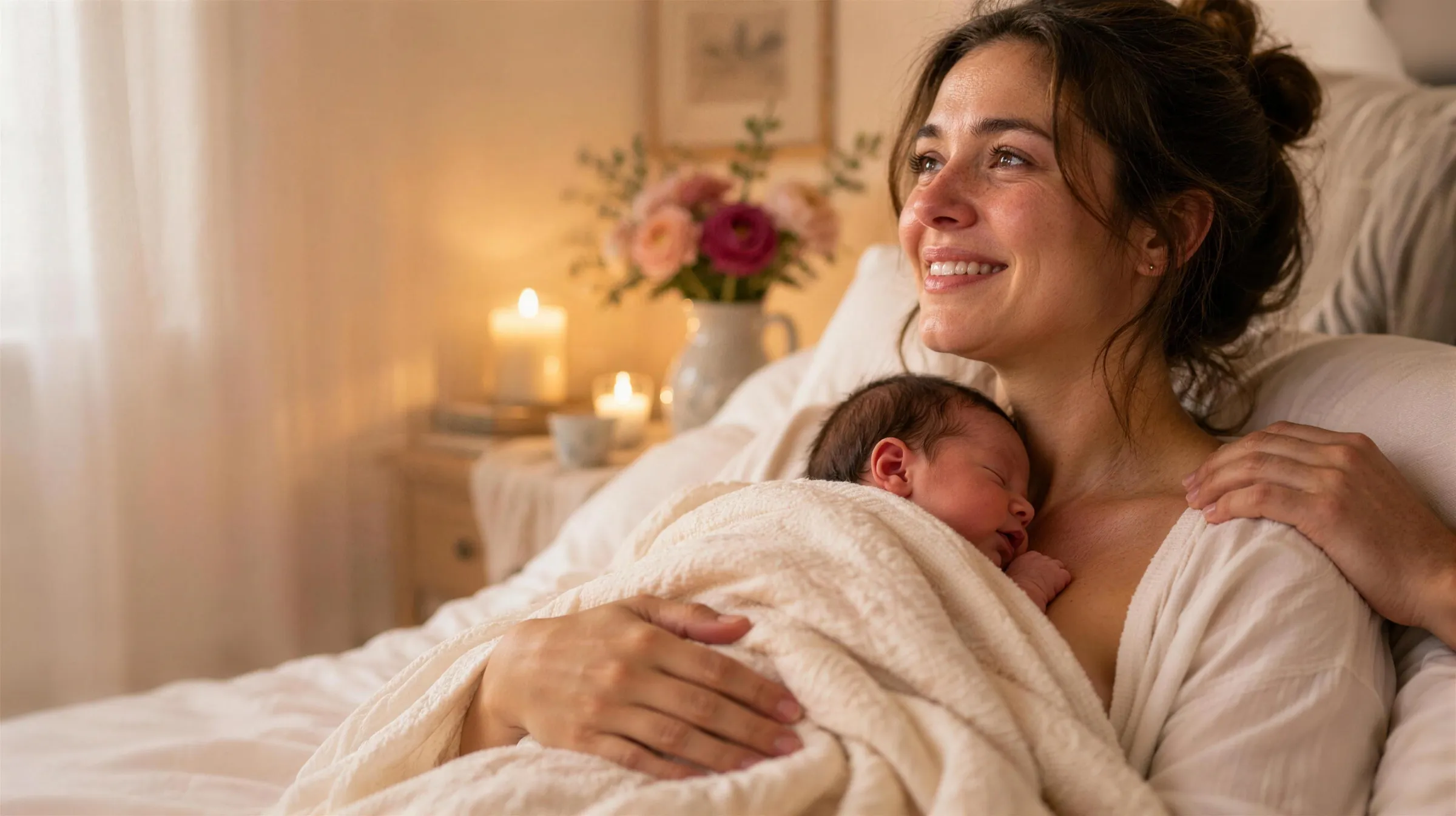 Une maman sourit, son nouveau-né endormi contre elle