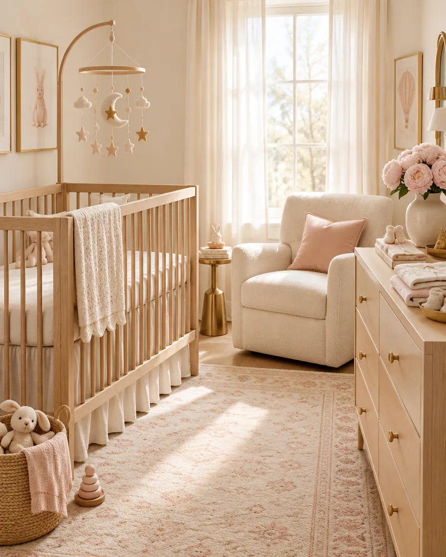 Une chambre de bébé prête, le berceau en bois clair baigné de lumière du matin