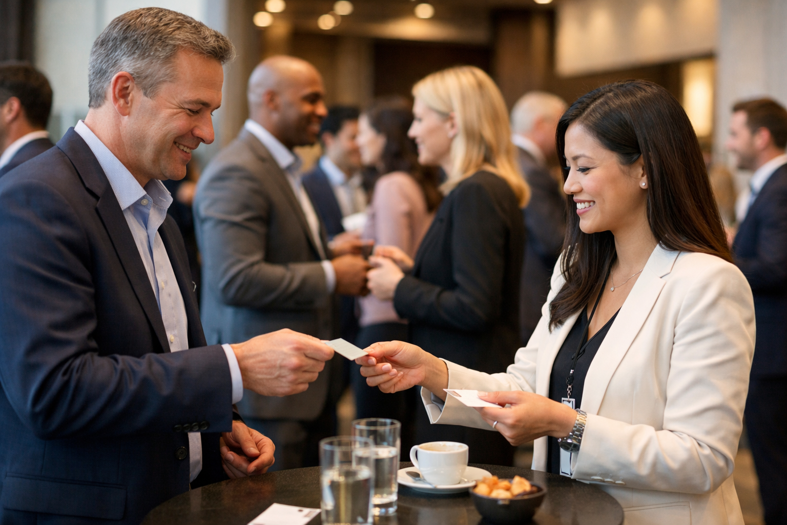 a professional networking event with a diverse group of professionals exchanging business cards and engaging in conversations.