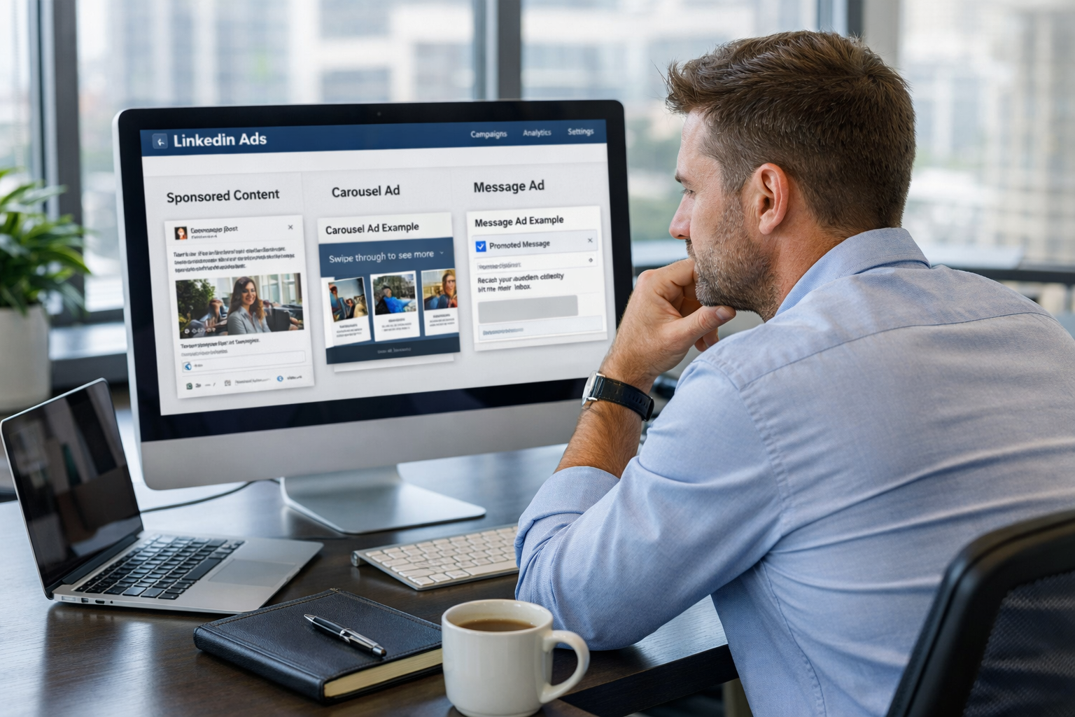 a professional sitting at a sleek desk, analyzing data on a computer screen while surrounded by examples of different linkedin ad formats.