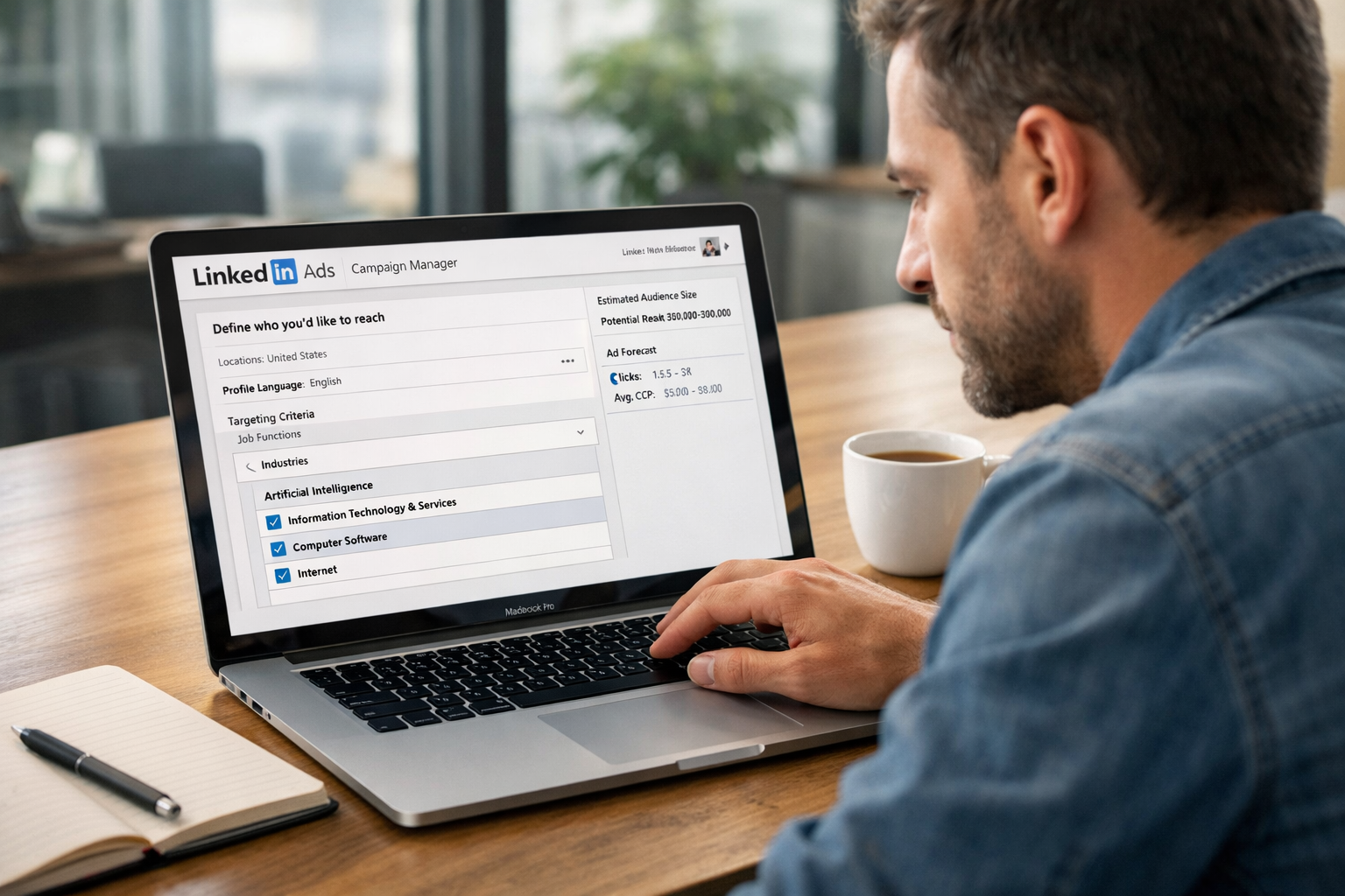 an entrepreneur confidently navigating the linkedin ads interface, strategically connecting their business page for targeted advertisements to professionals in fields like artificial intelligence and information technology.