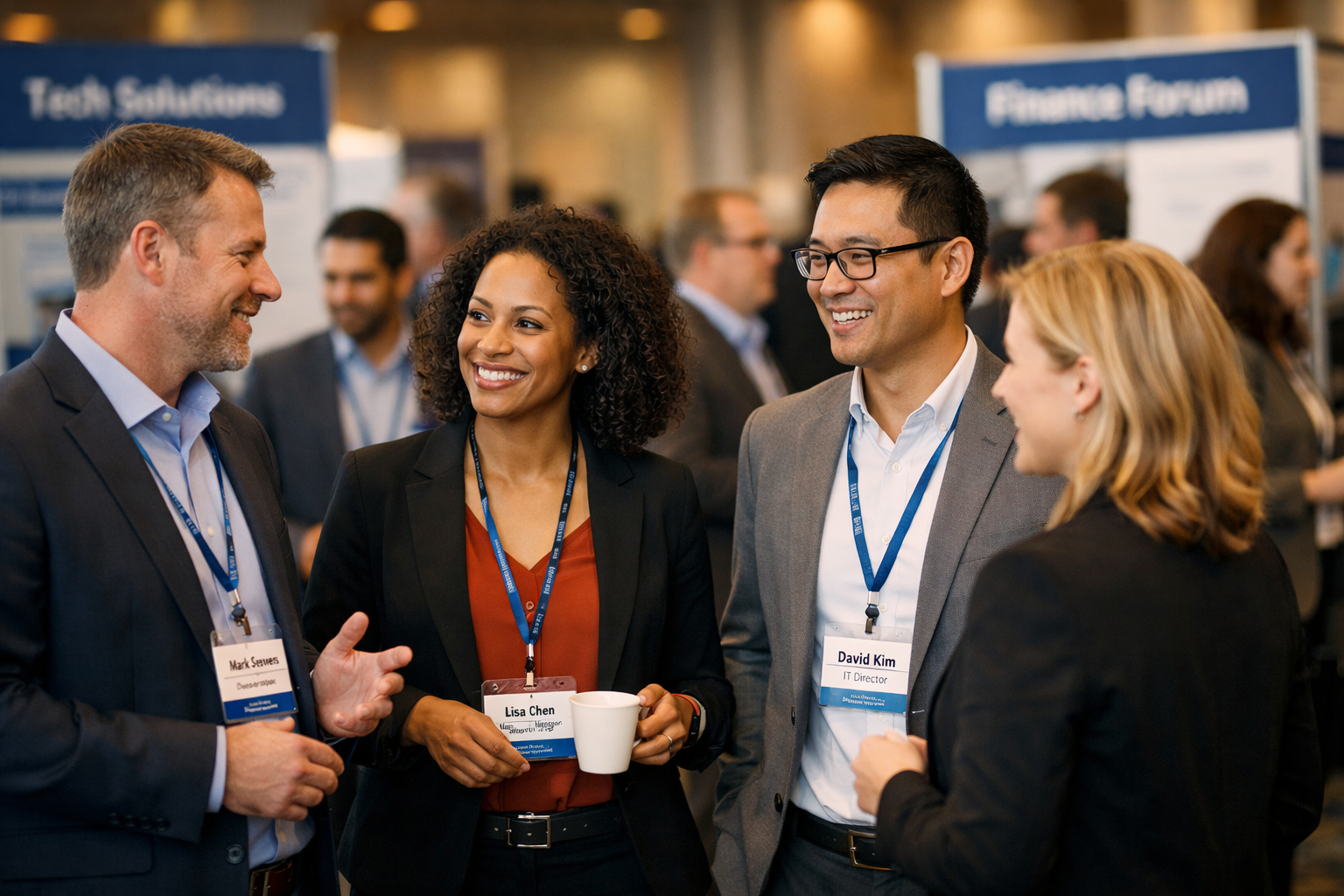 a diverse group of professionals in various industries gathering at a conference, discussing their job titles and interests for precise audience segmentation on linkedin.