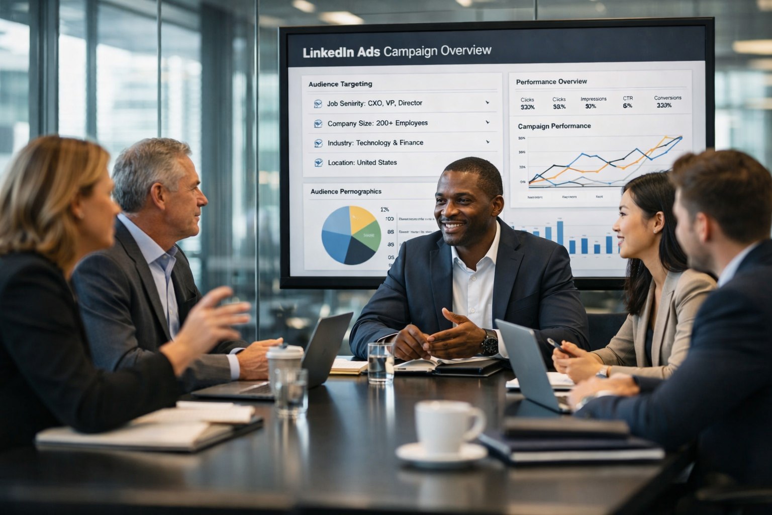 a group of professionals engaged in a lively discussion in a modern office boardroom, with a large screen displaying a dynamic linkedin ads campaign targeting decision-makers.